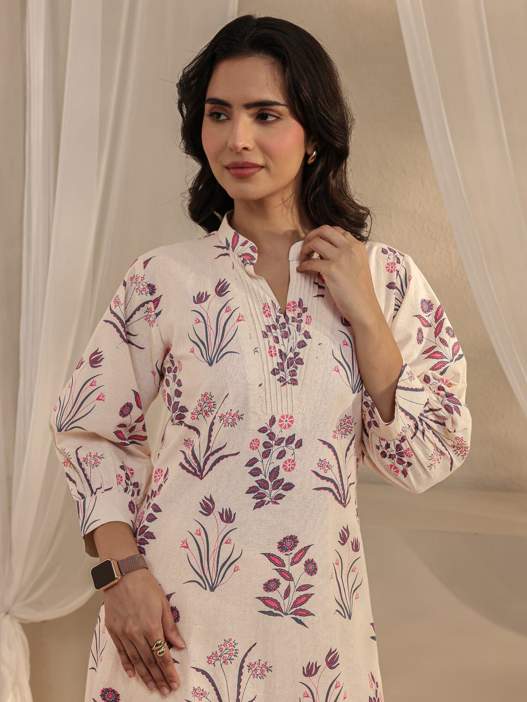 Libas Off White Floral Printed Cotton A-Line Kurta