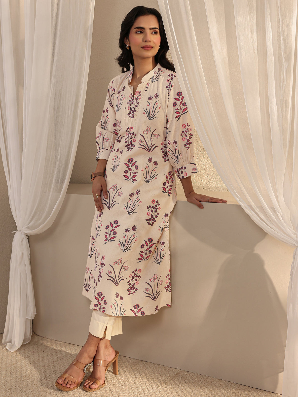 Libas Off White Floral Printed Cotton A-Line Kurta