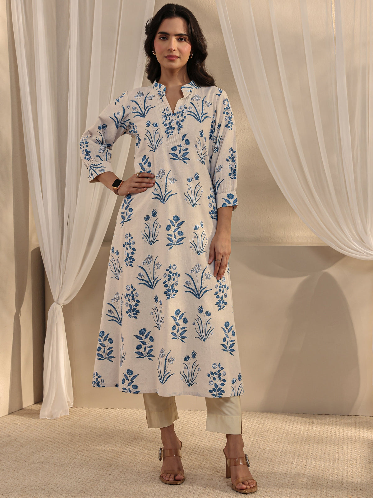Libas Off White Floral Printed Cotton A-Line Kurta