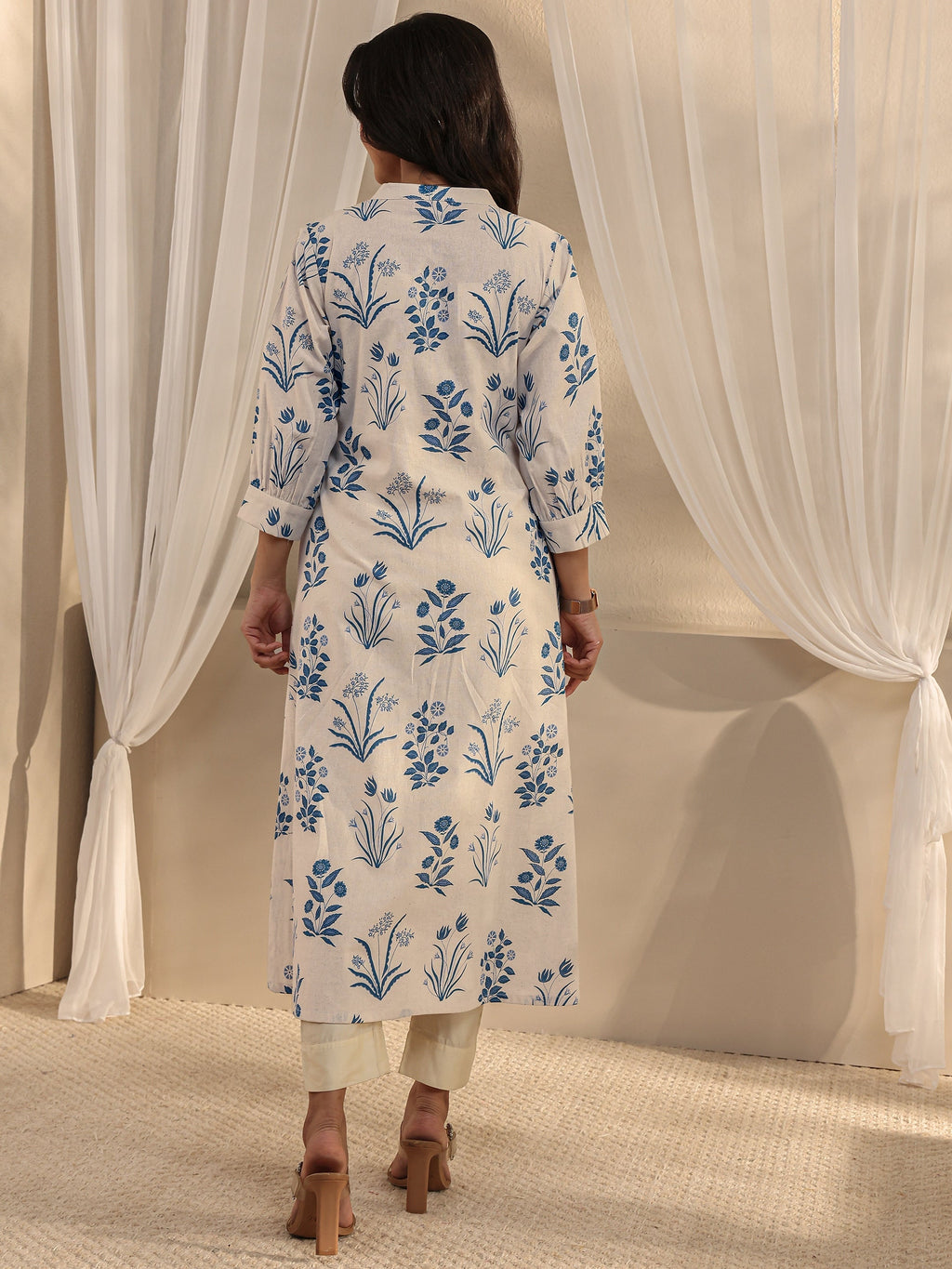 Libas Off White Floral Printed Cotton A-Line Kurta
