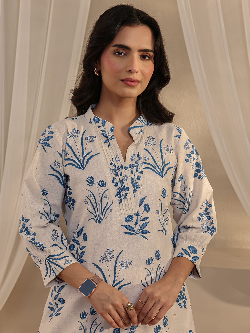 Libas Off White Floral Printed Cotton A-Line Kurta