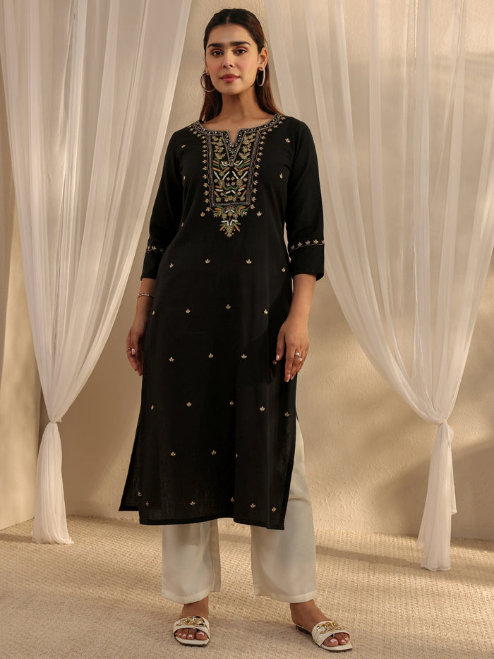 Libas Black Ethnic Motif Embroidered Cotton Straight Kurta