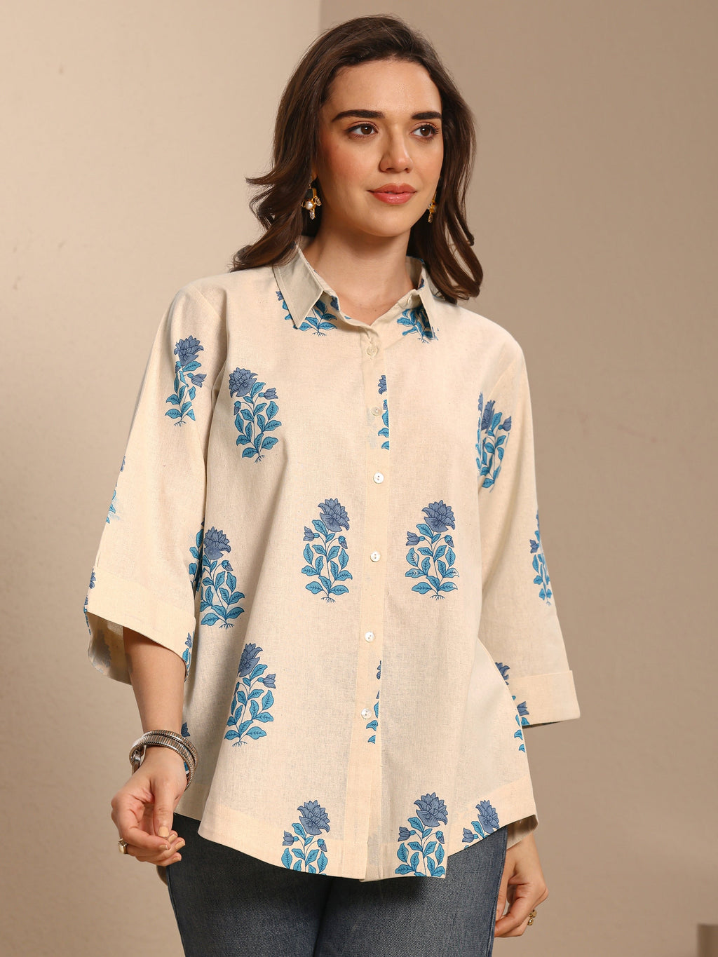 Libas Off White Floral Printed Cotton Shirt