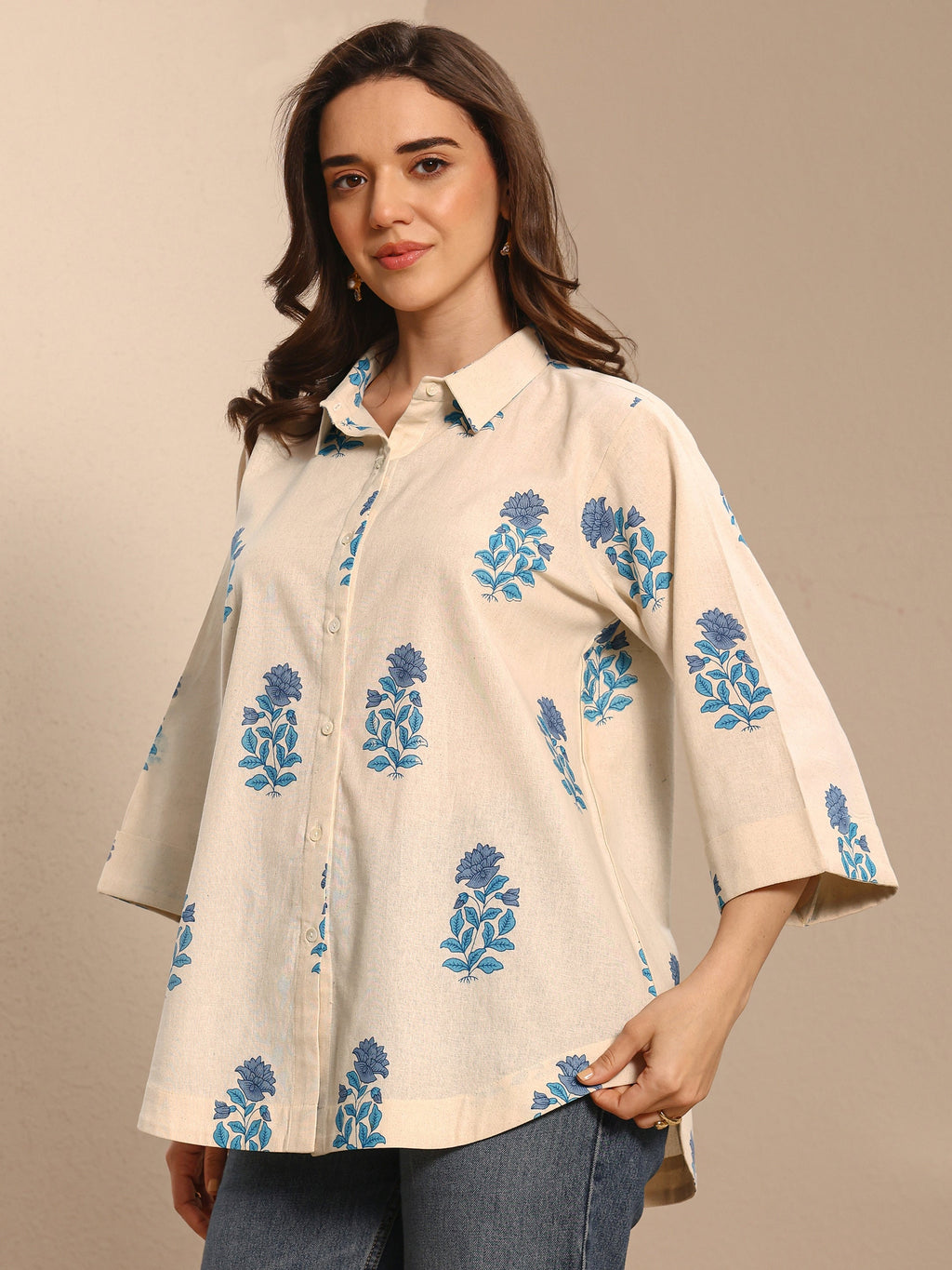 Libas Off White Floral Printed Cotton Shirt