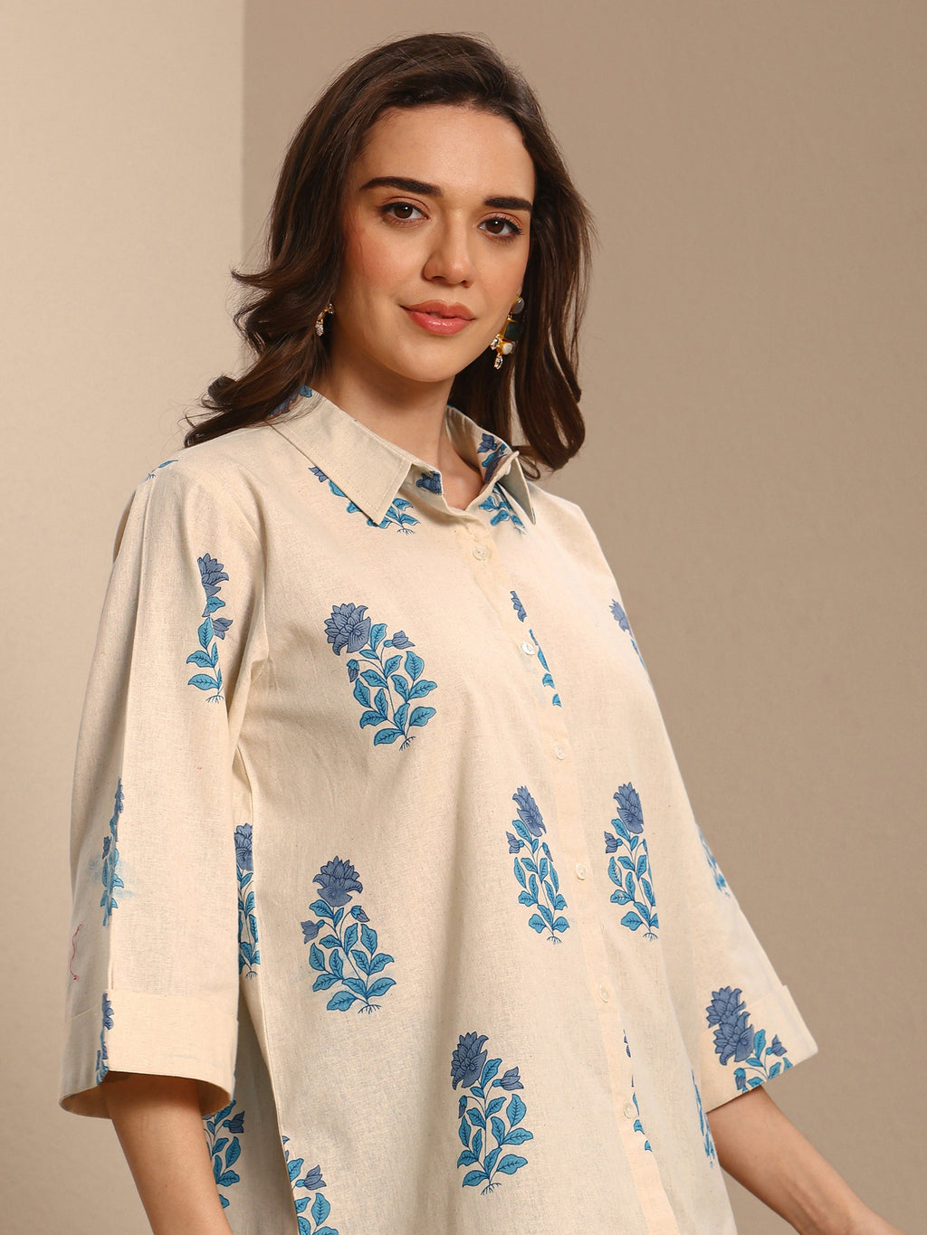 Libas Off White Floral Printed Cotton Shirt