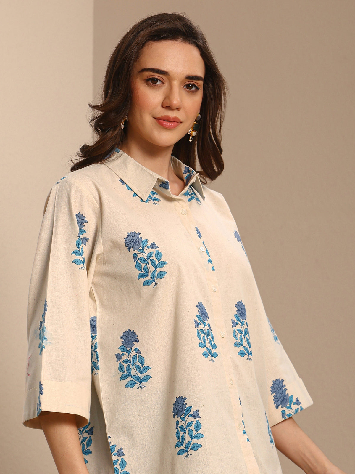 Libas Off White Floral Printed Cotton Shirt