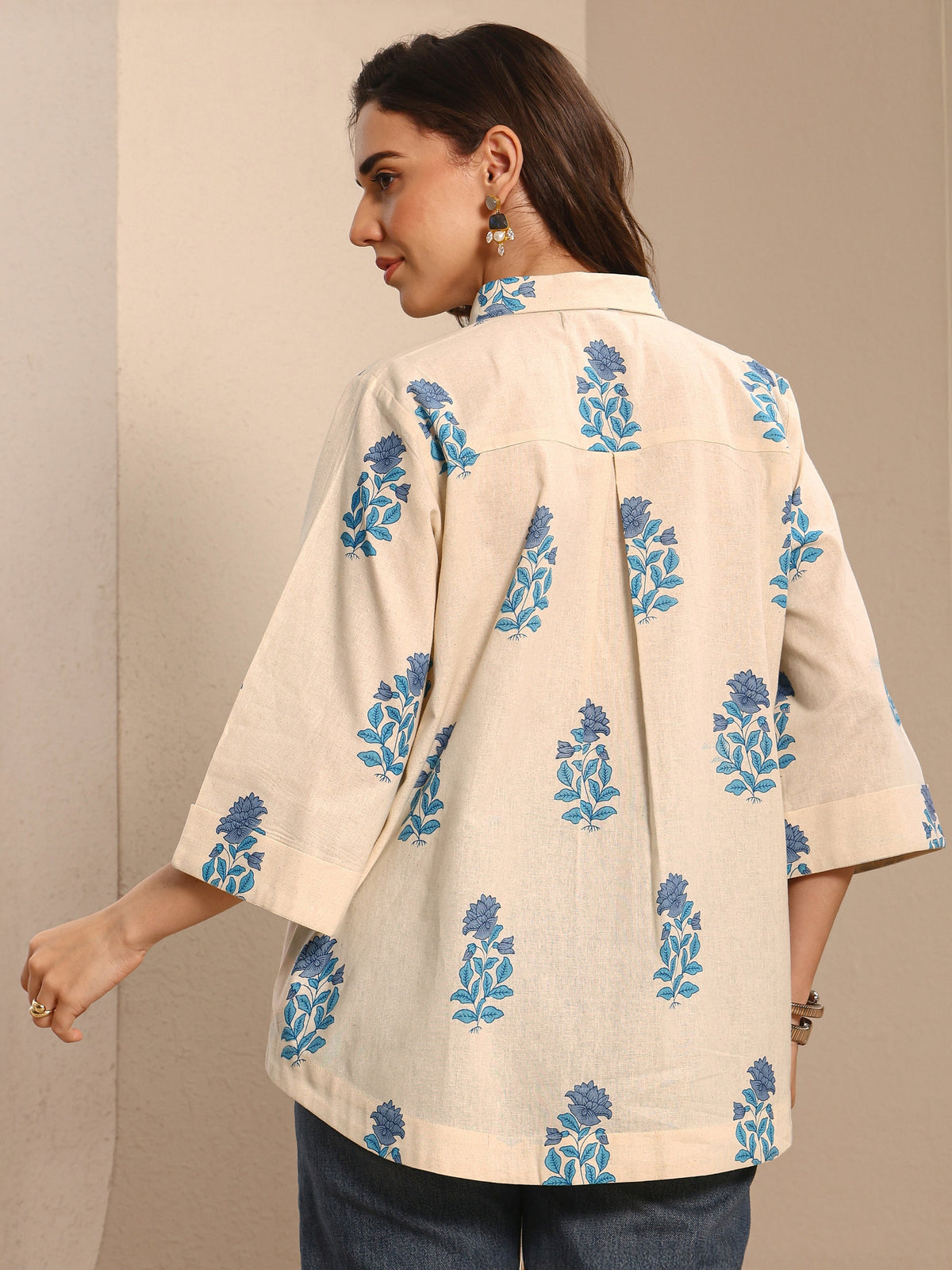 Libas Off White Floral Printed Cotton Shirt