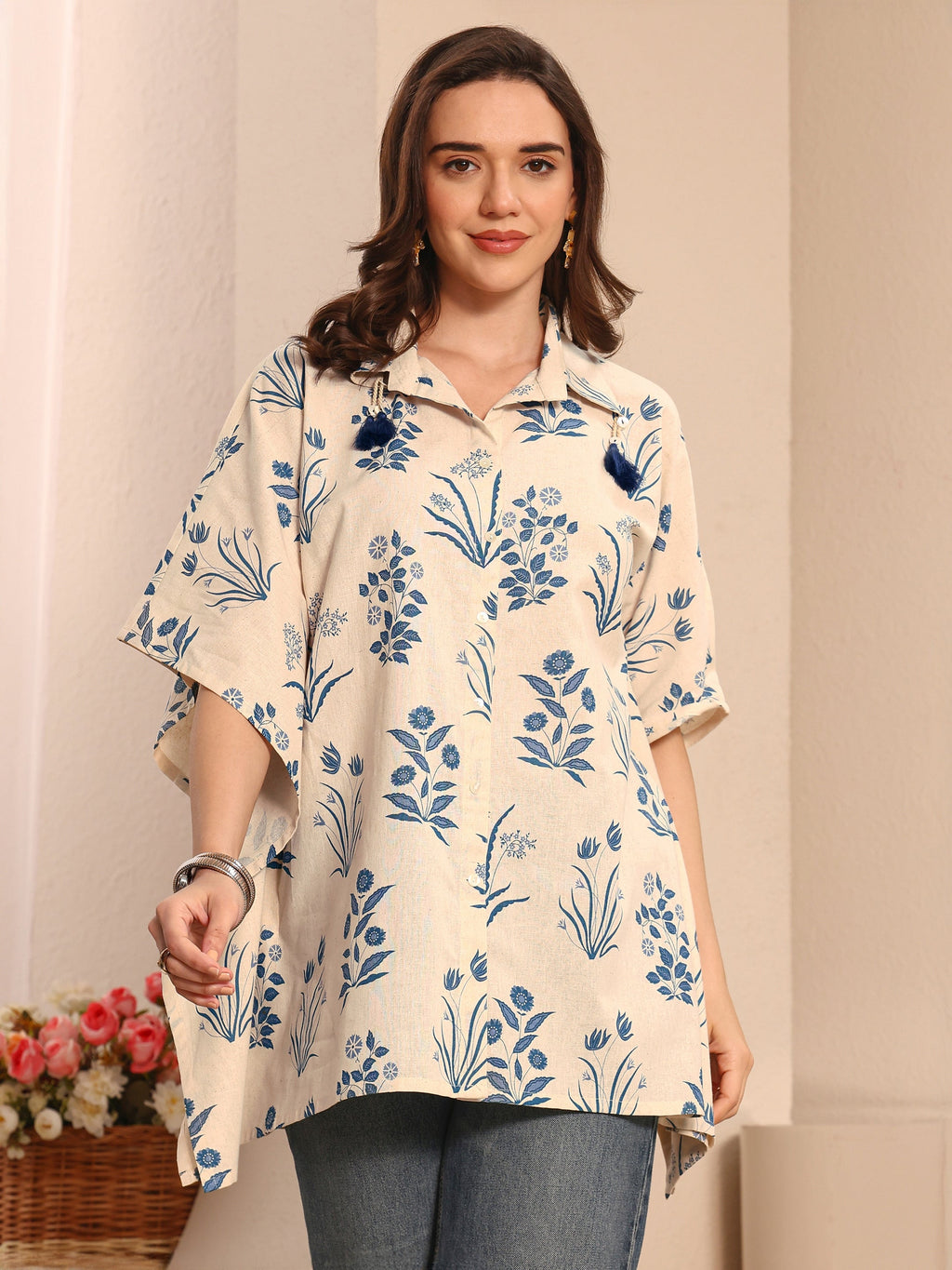 Libas Off White Floral Printed Cotton Shirt