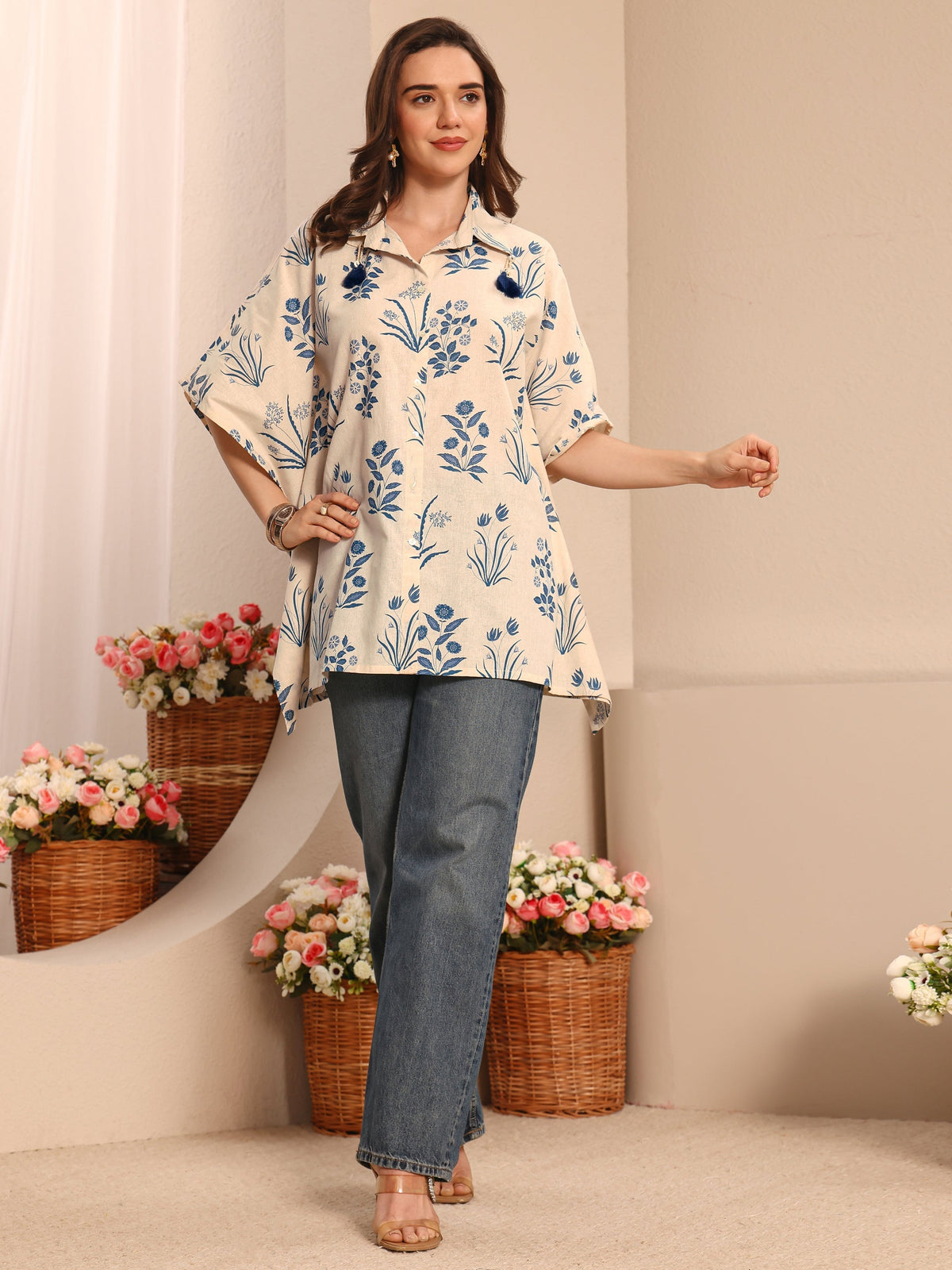 Libas Off White Floral Printed Cotton Shirt