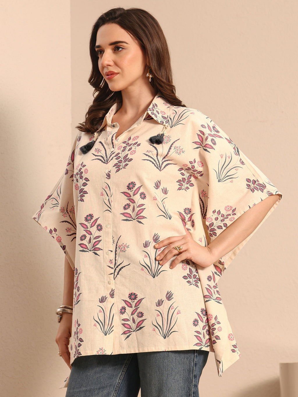 Libas Off White Floral Printed Cotton Shirt