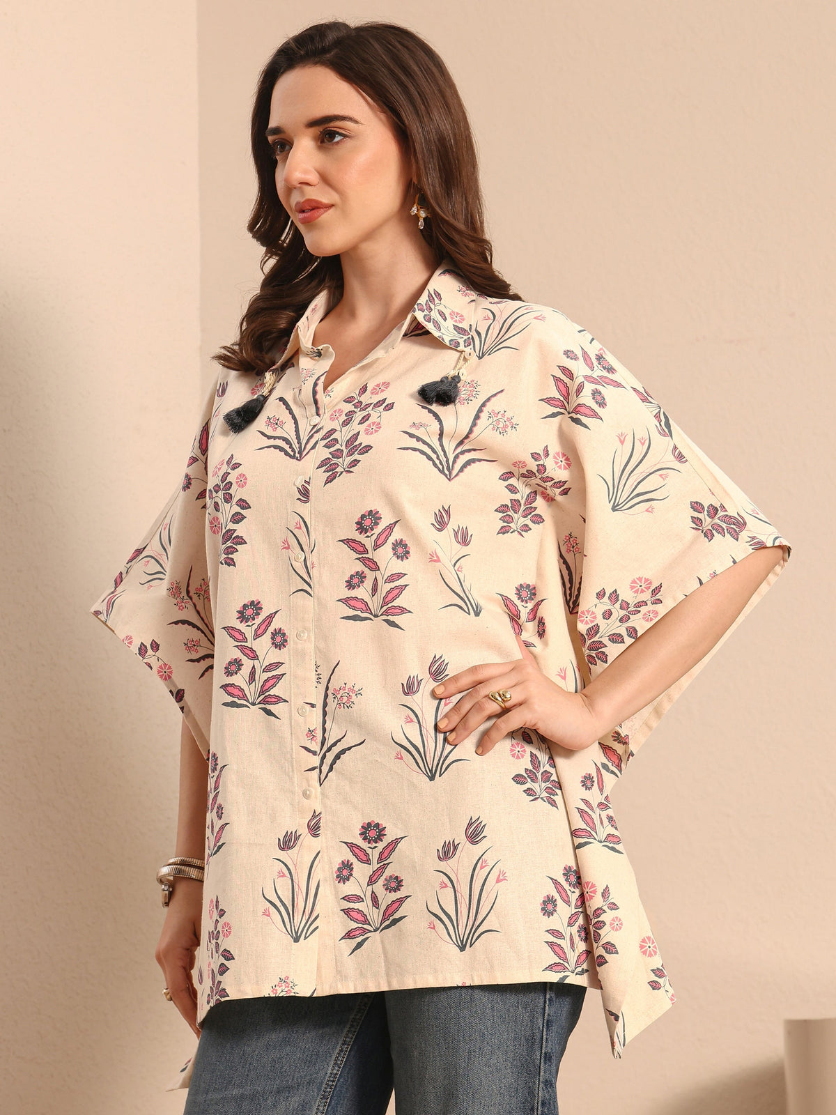 Libas Off White Floral Printed Cotton Shirt