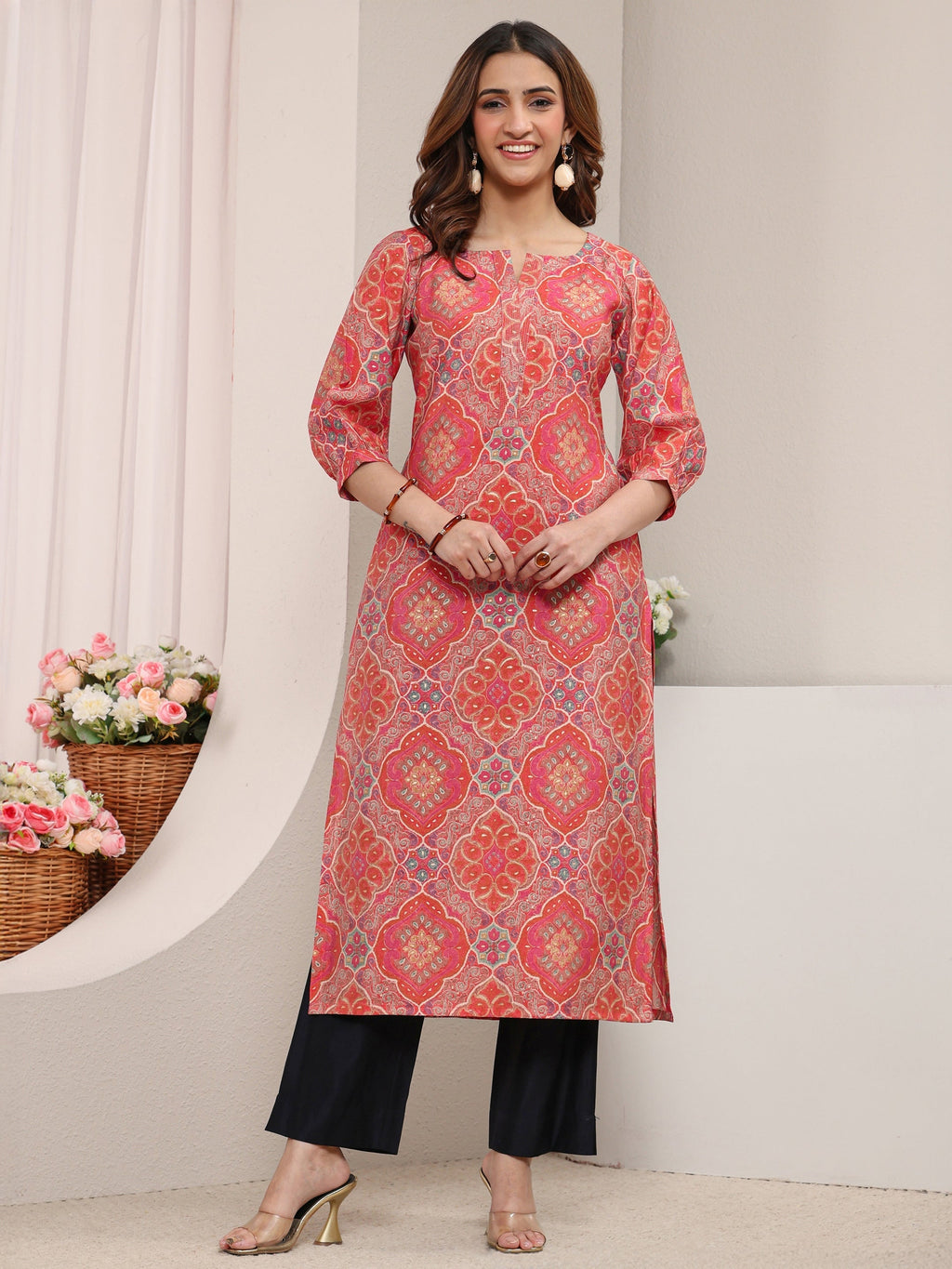 Libas Peach Ethnic Printed Silk Blend Straight Kurta