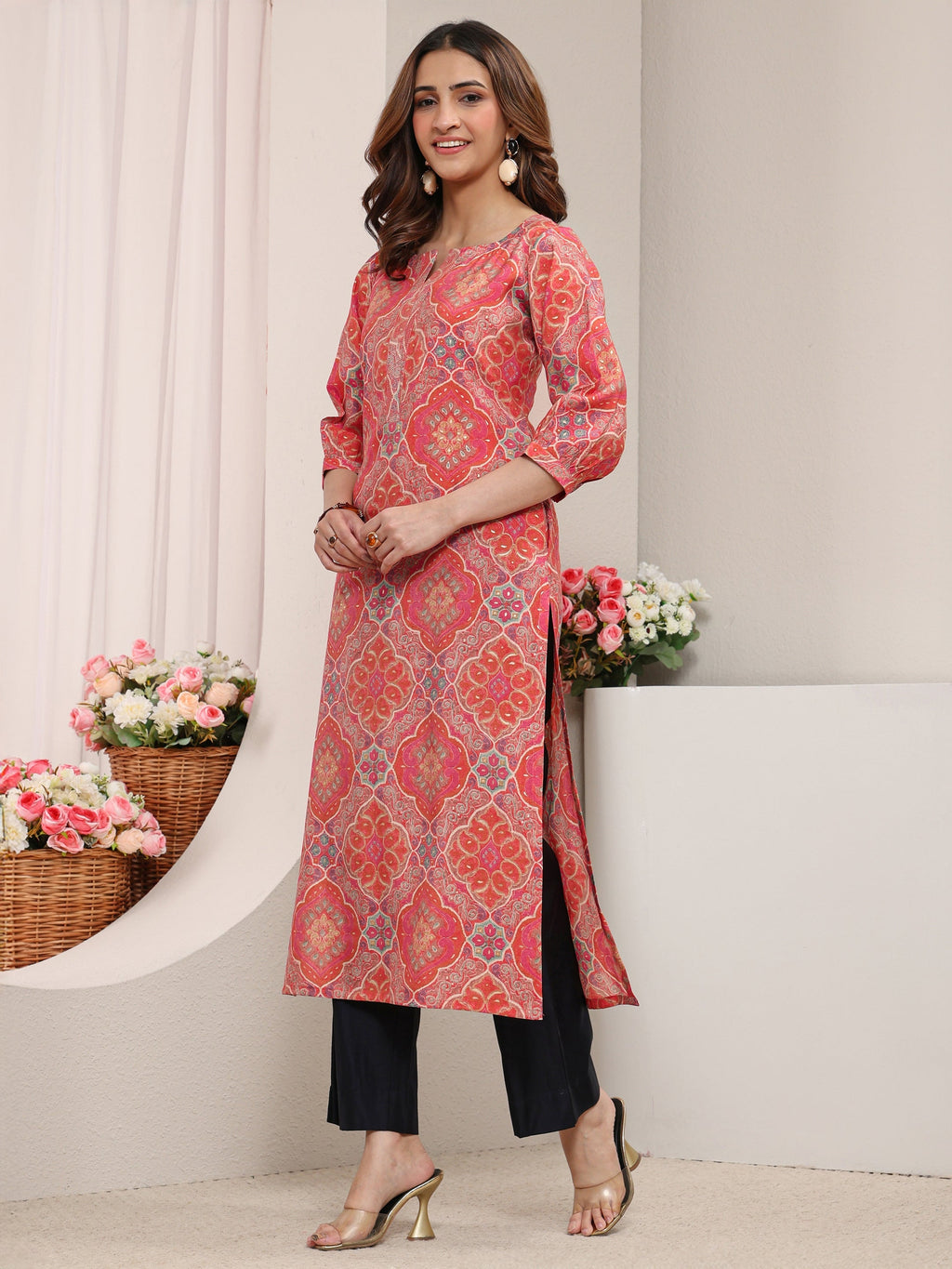 Libas Peach Ethnic Printed Silk Blend Straight Kurta