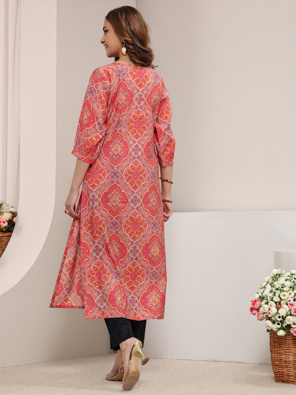 Libas Peach Ethnic Printed Silk Blend Straight Kurta