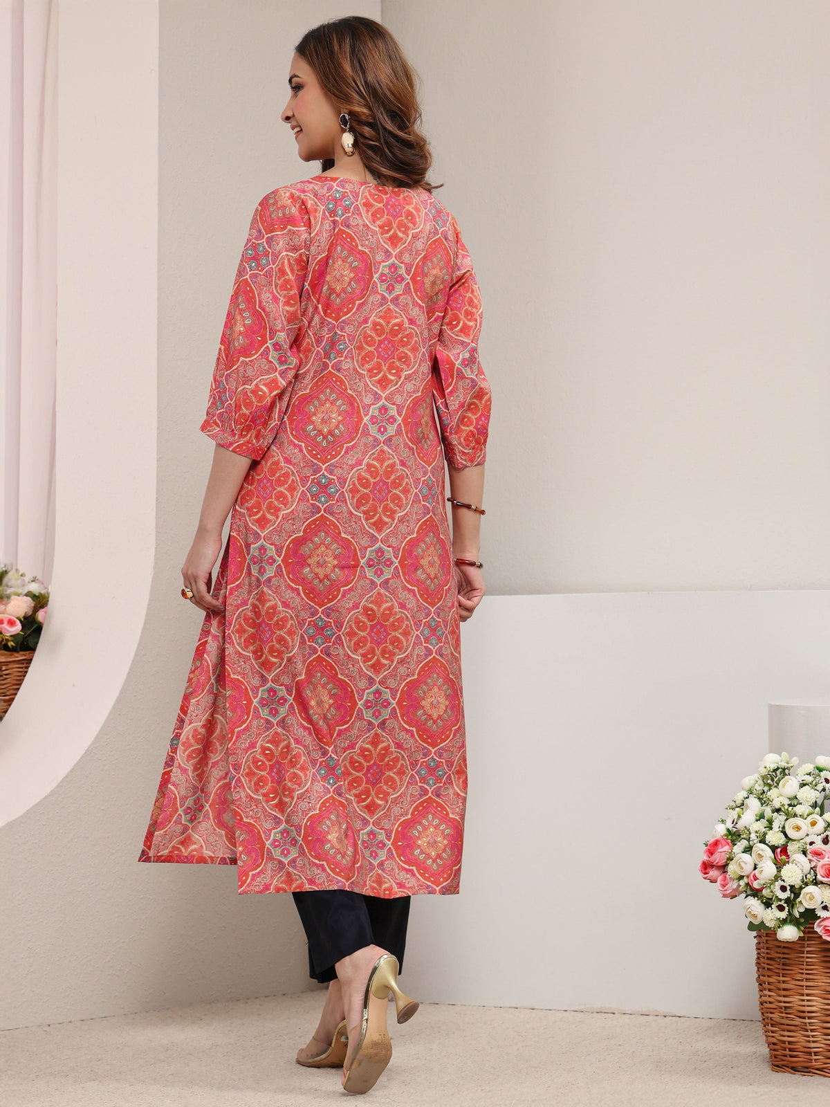 Libas Peach Ethnic Printed Silk Blend Straight Kurta
