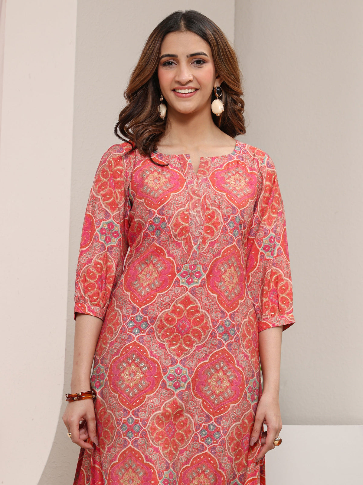Libas Peach Ethnic Printed Silk Blend Straight Kurta