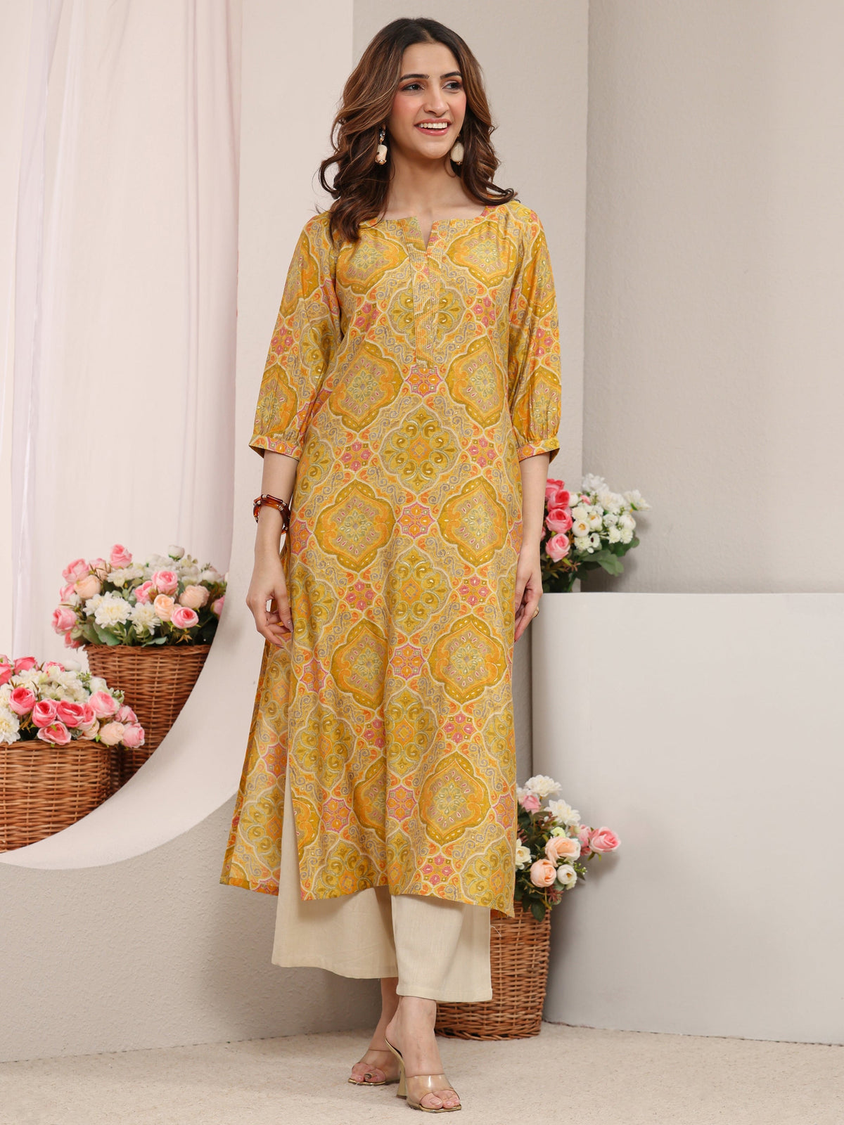 Libas Yellow Ethnic Printed Silk Blend Straight Kurta