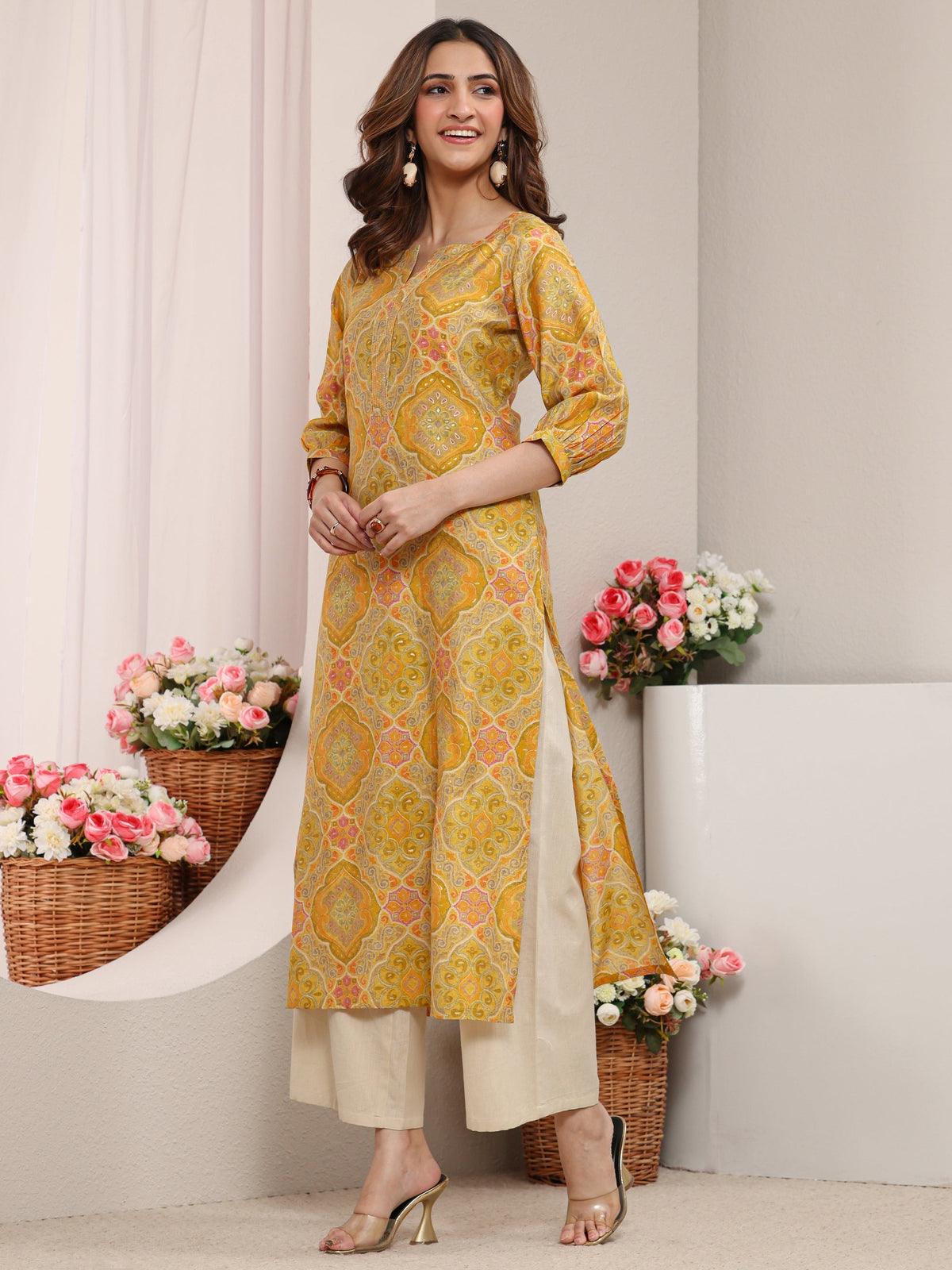 Libas Yellow Ethnic Printed Silk Blend Straight Kurta