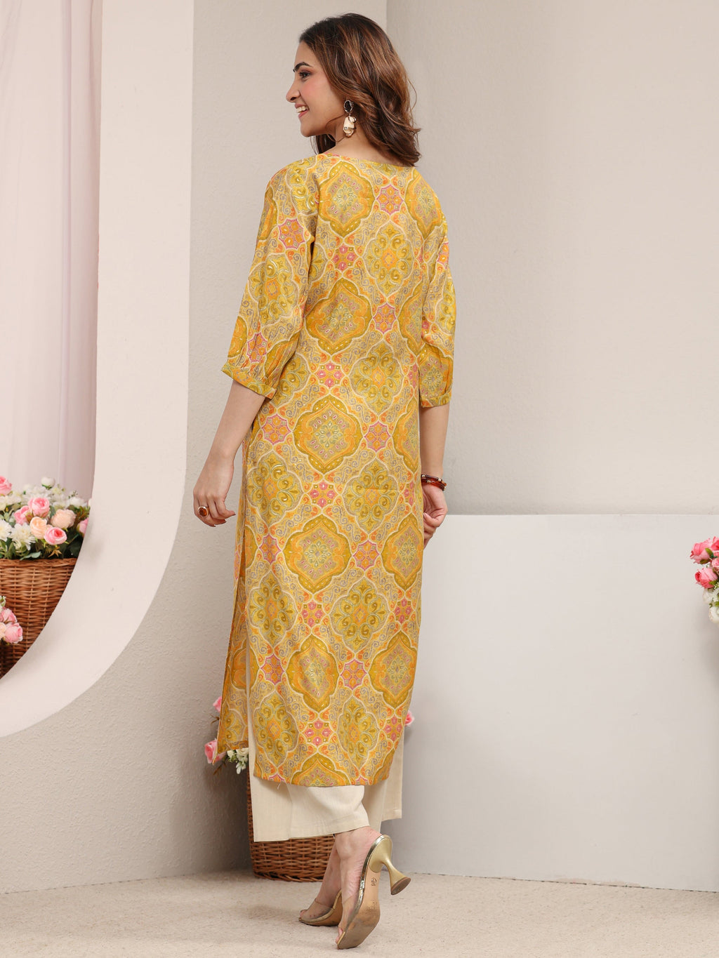 Libas Yellow Ethnic Printed Silk Blend Straight Kurta
