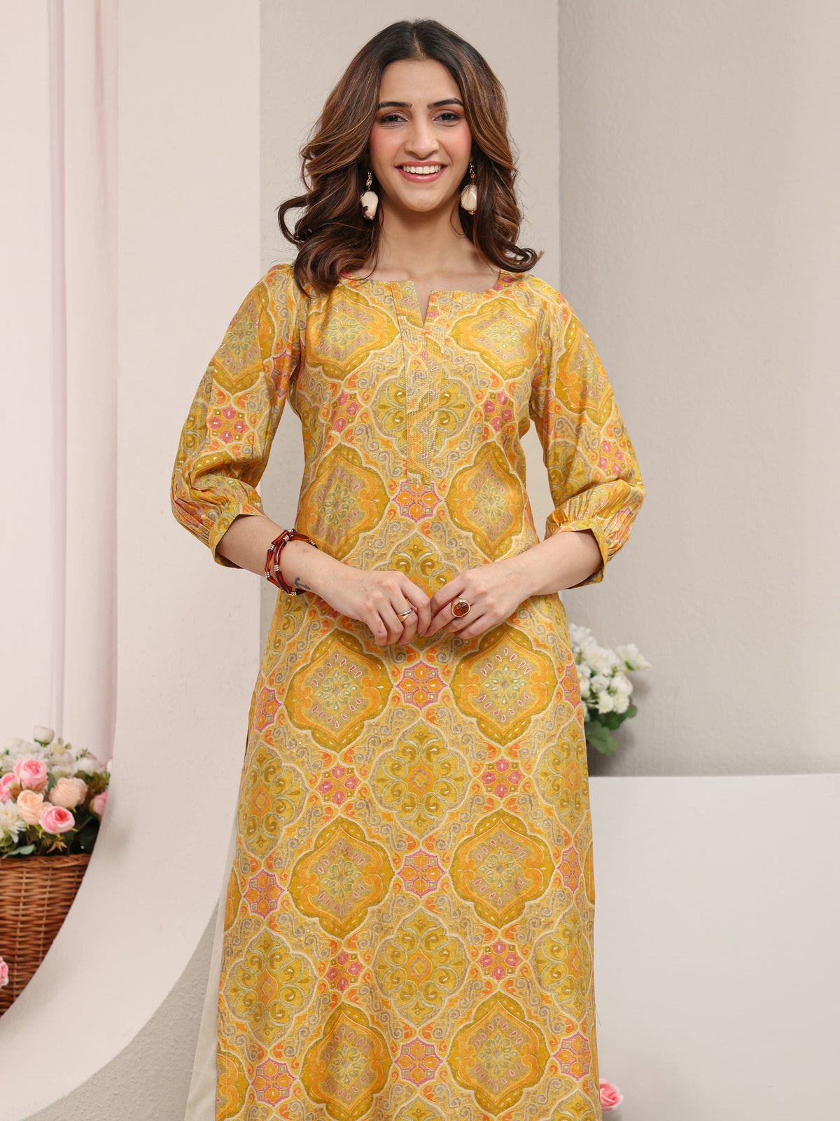 Libas Yellow Ethnic Printed Silk Blend Straight Kurta