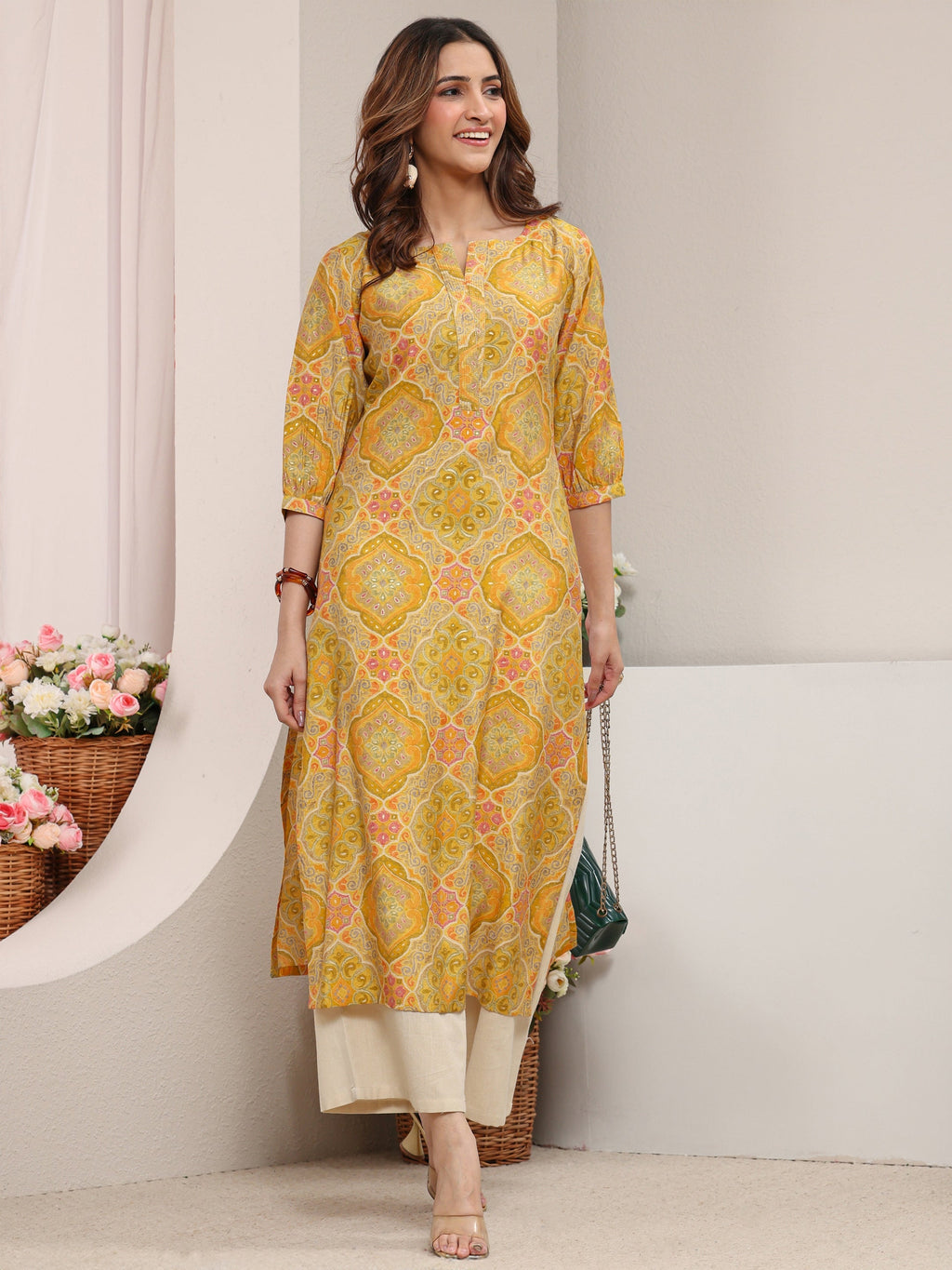 Libas Yellow Ethnic Printed Silk Blend Straight Kurta
