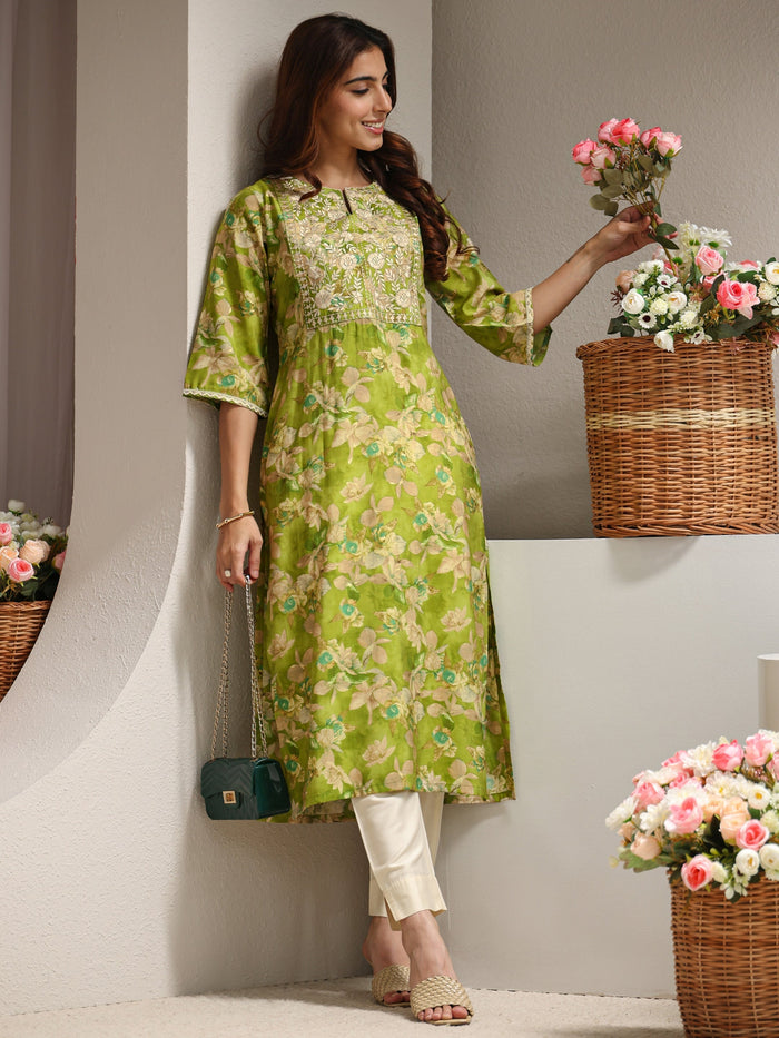 Libas Green Yoke Design Floral Printed Silk Blend Straight Kurta