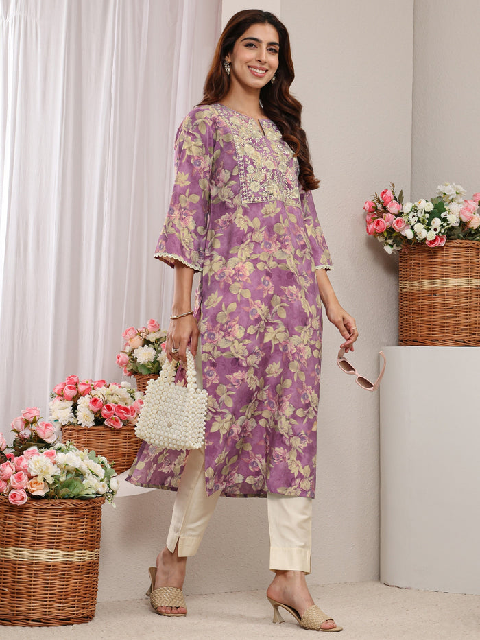 Libas Lavender Yoke Design Floral Printed Silk Blend Straight Kurta