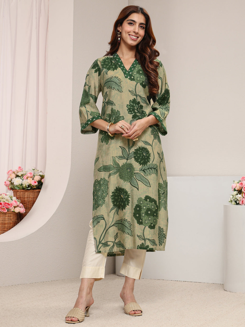 Libas Green Floral Printed Silk Blend Straight Kurta