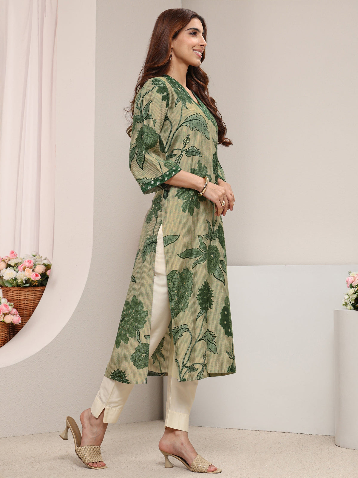 Libas Green Floral Printed Silk Blend Straight Kurta