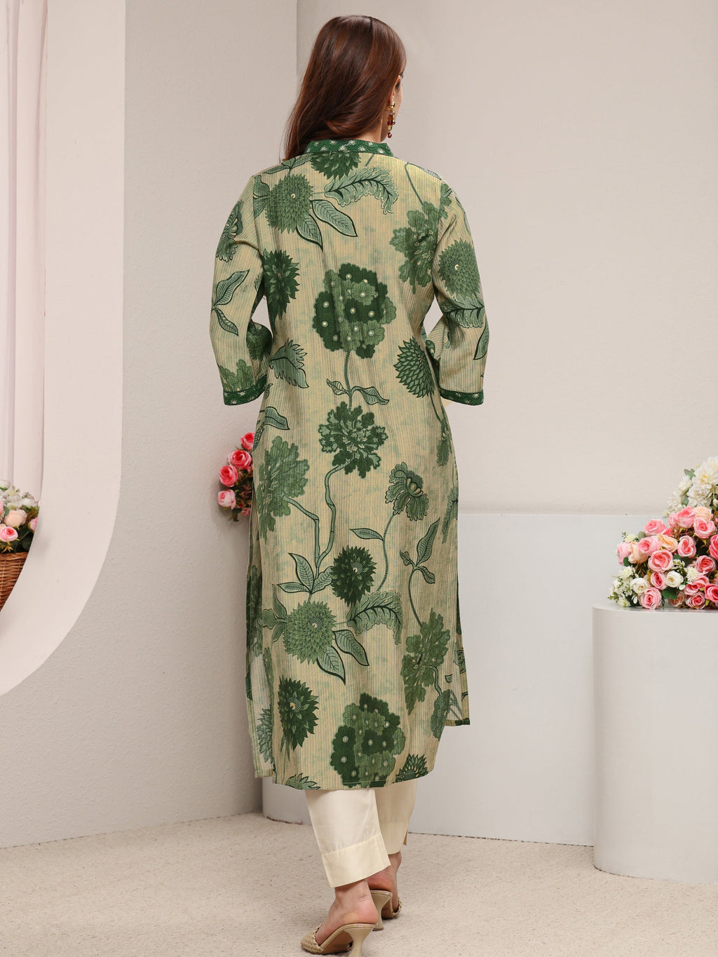 Libas Green Floral Printed Silk Blend Straight Kurta