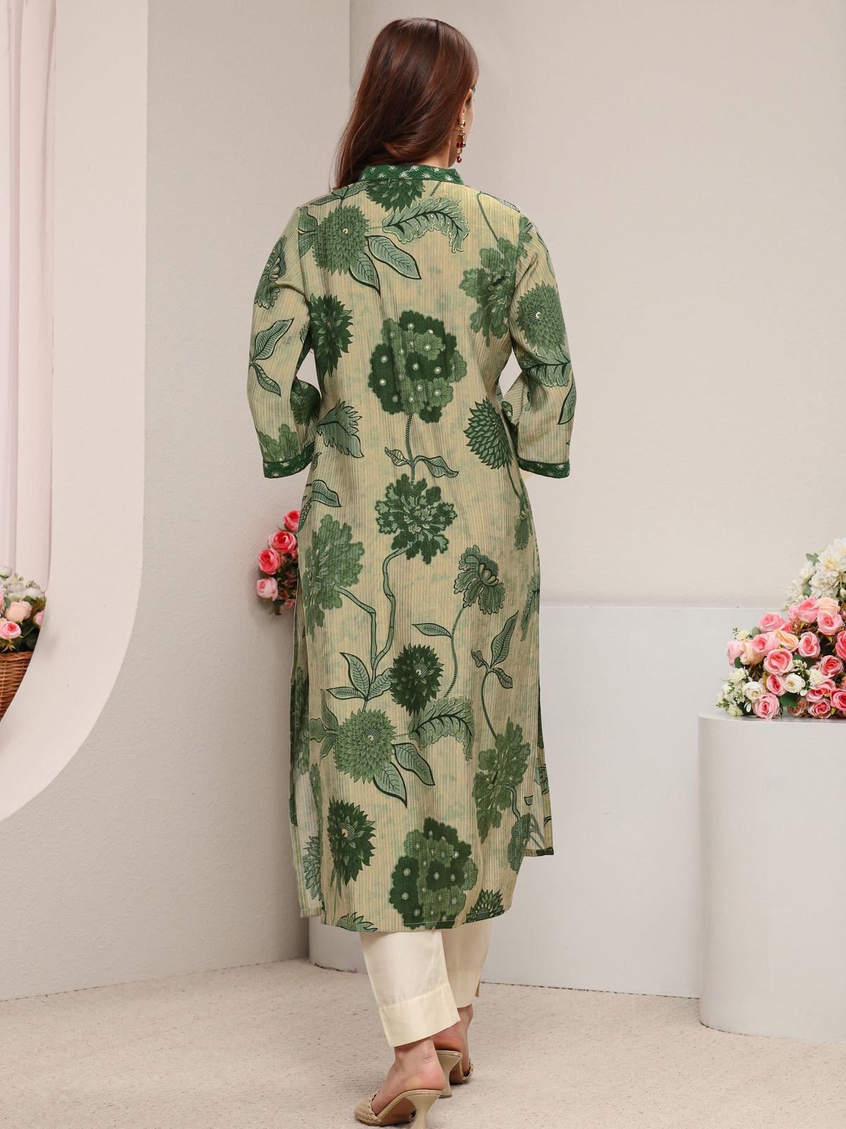 Libas Green Floral Printed Silk Blend Straight Kurta