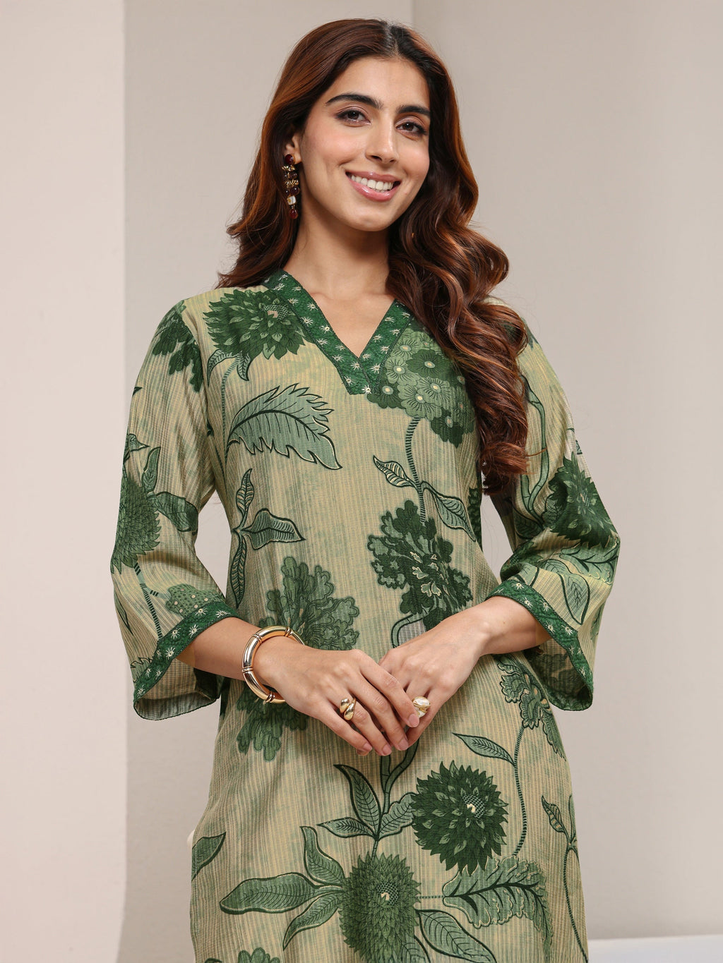 Libas Green Floral Printed Silk Blend Straight Kurta
