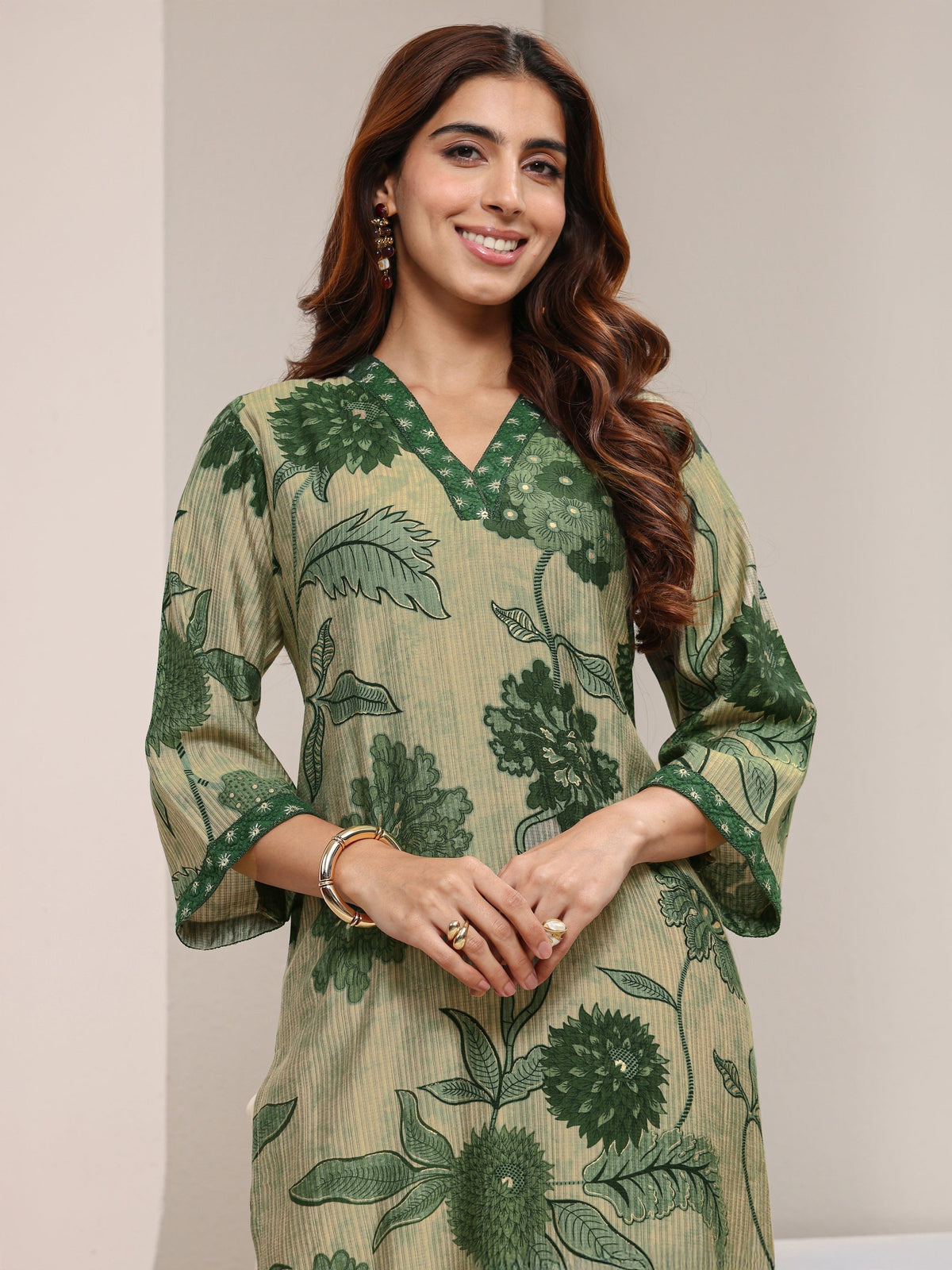 Libas Green Floral Printed Silk Blend Straight Kurta