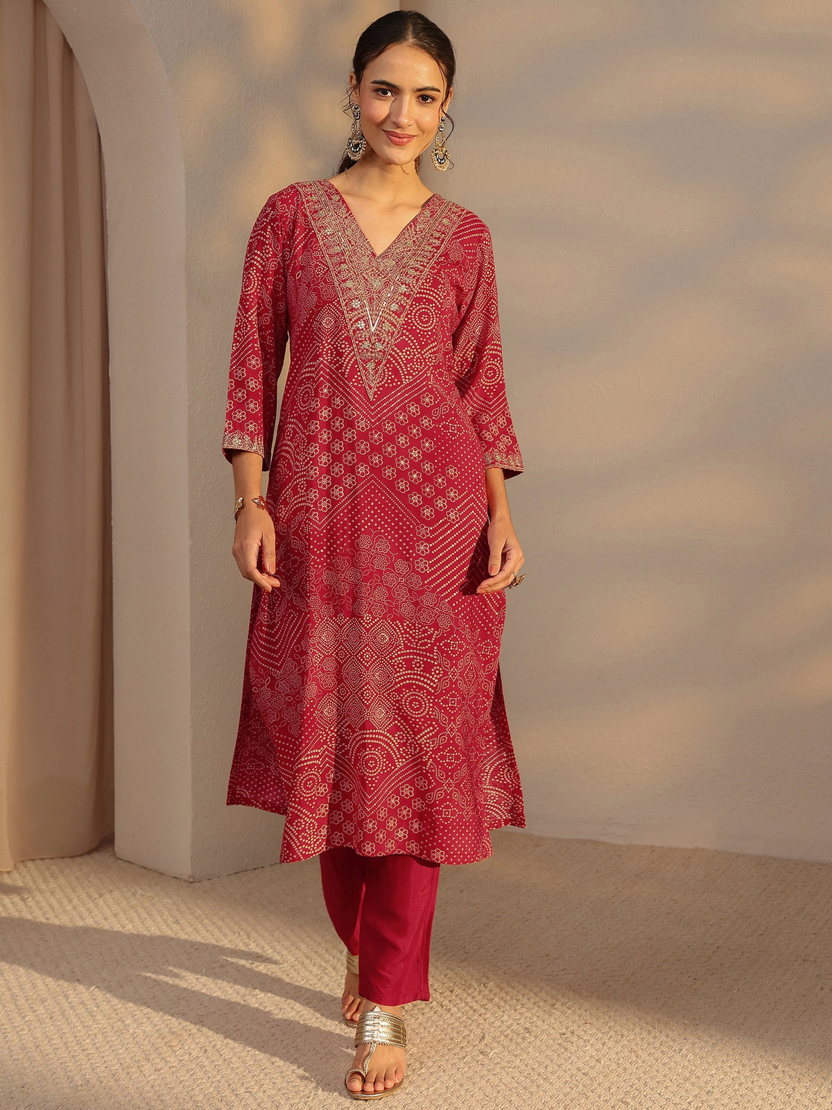 Libas Red Bandhani Printed Silk Blend Straight Kurta