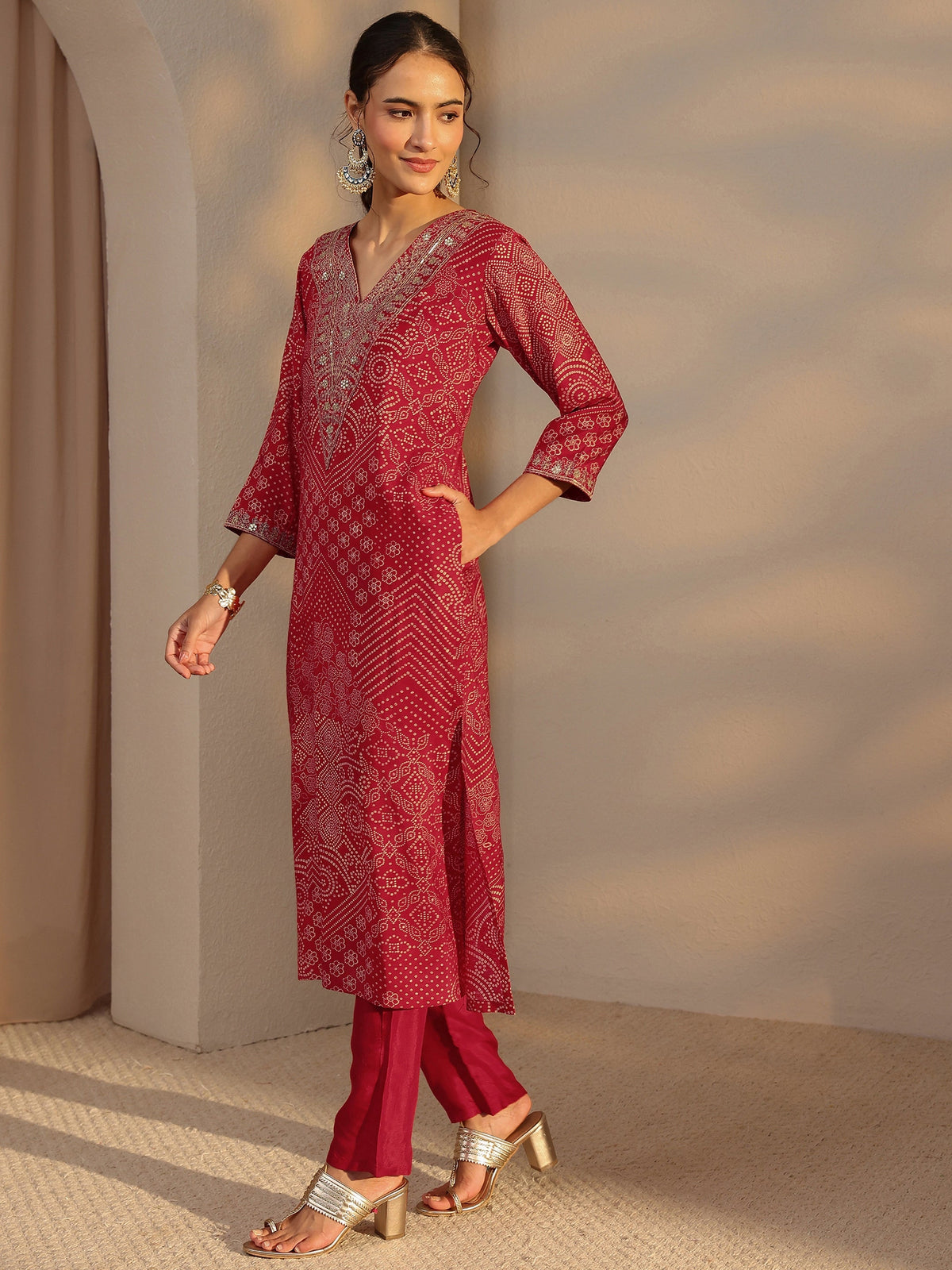 Libas Red Bandhani Printed Silk Blend Straight Kurta