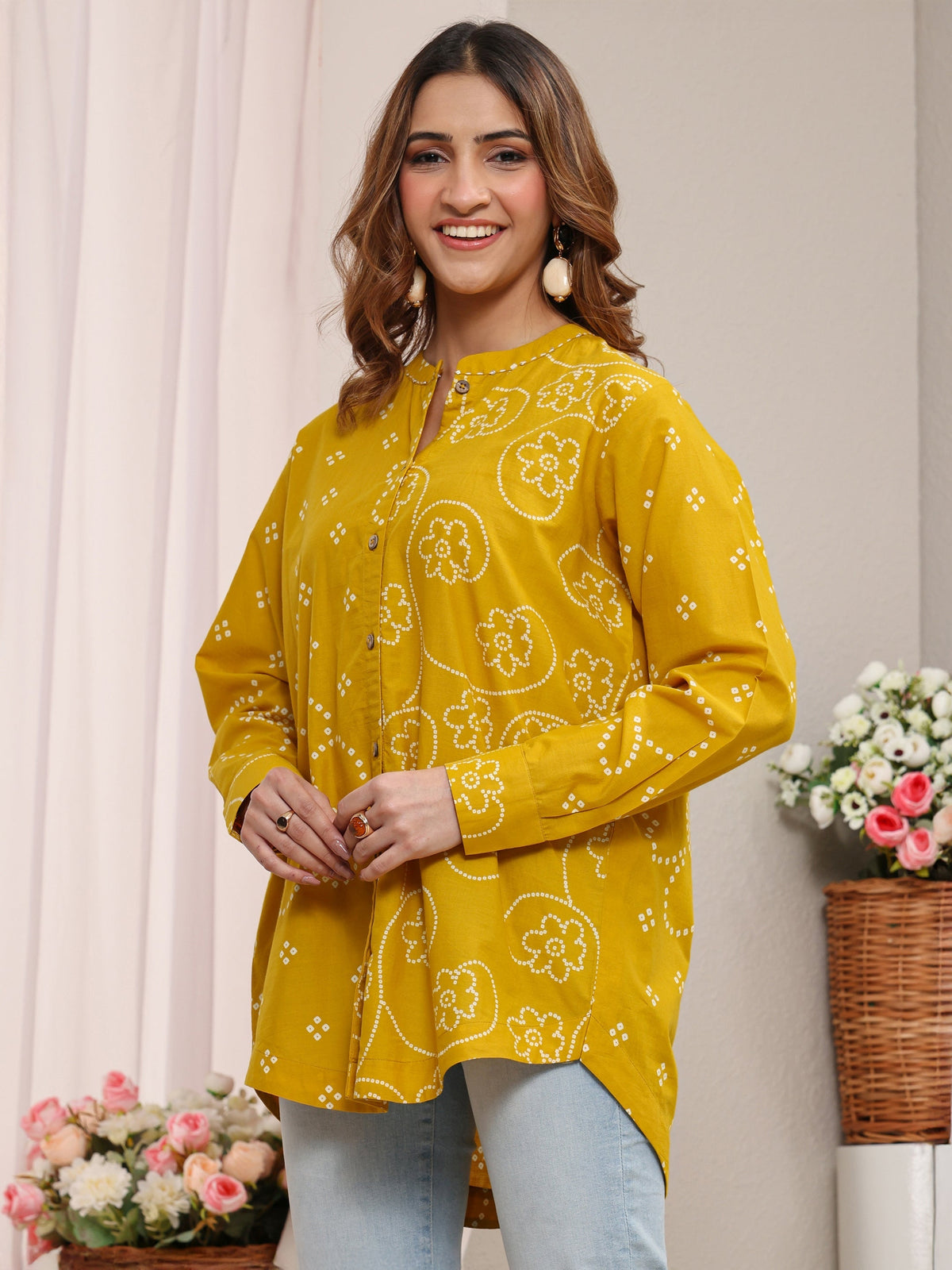 Libas Mustard Bandhani Printed Cotton Shirt