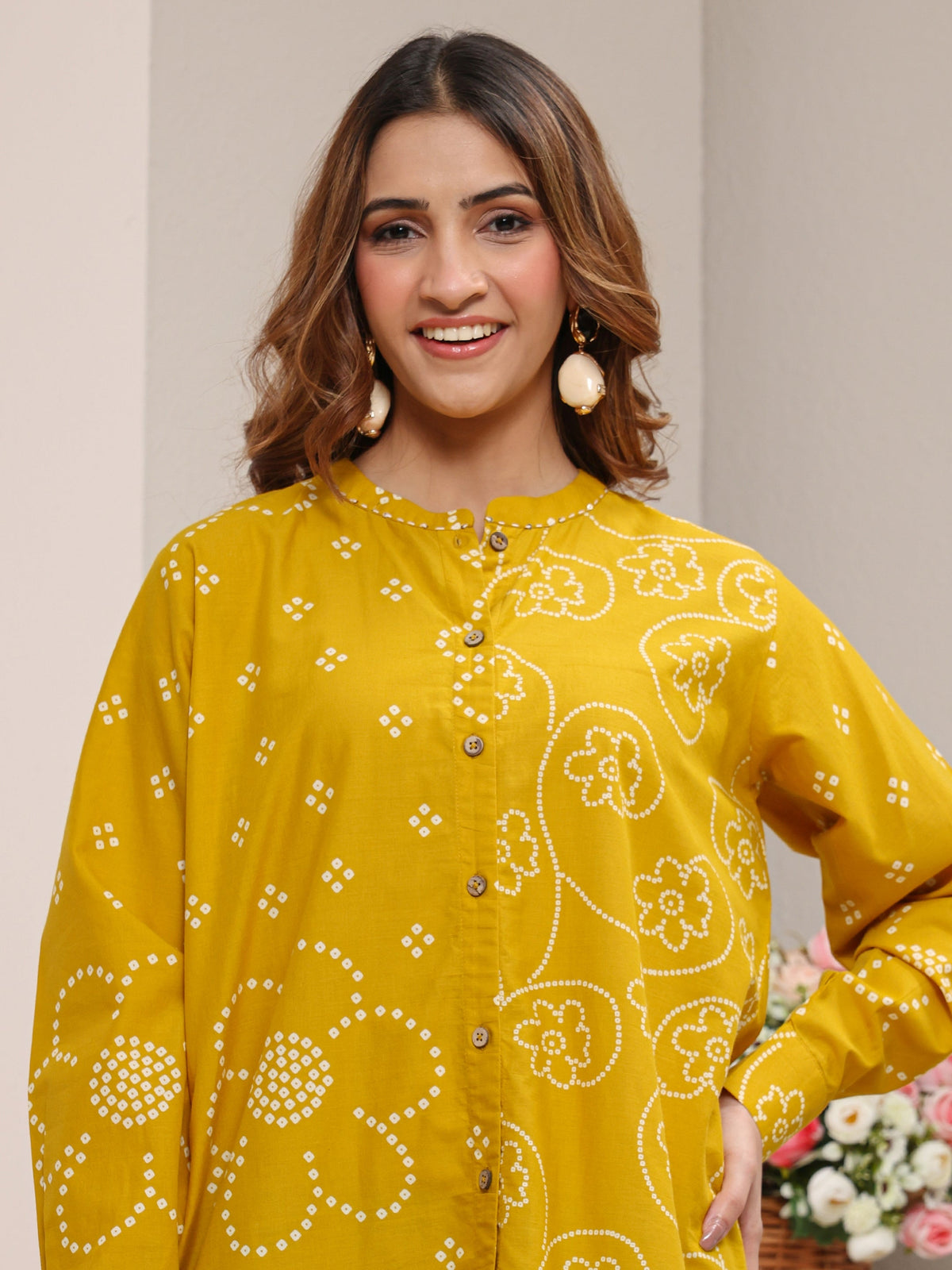 Libas Mustard Bandhani Printed Cotton Shirt