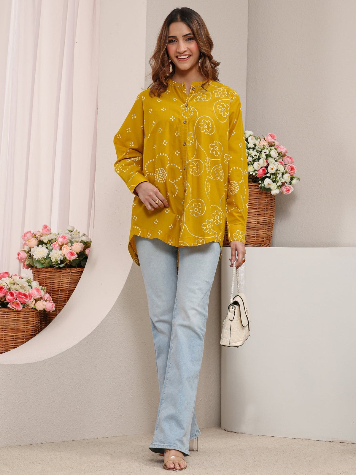 Libas Mustard Bandhani Printed Cotton Shirt K60