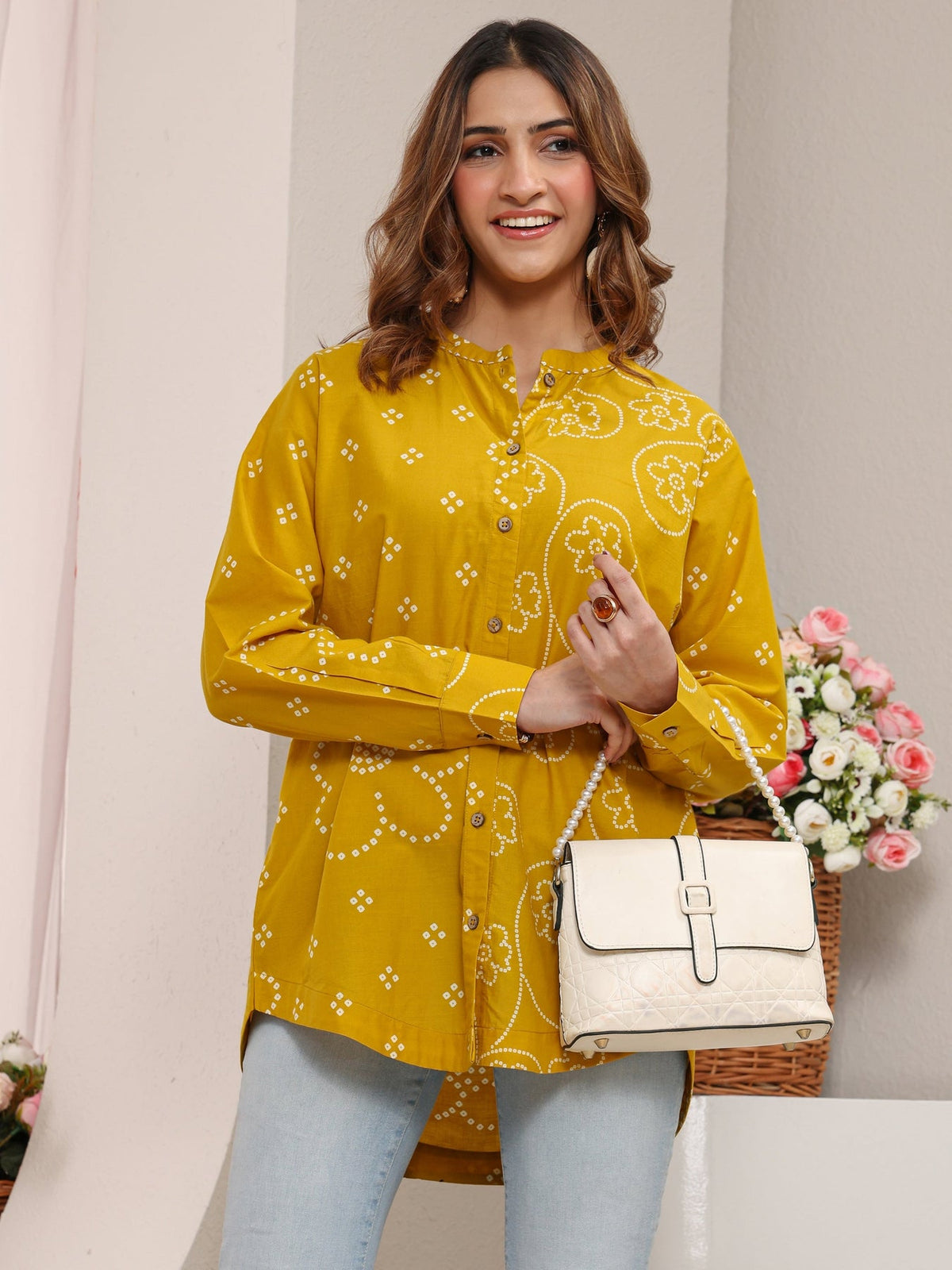 Libas Mustard Bandhani Printed Cotton Shirt K60