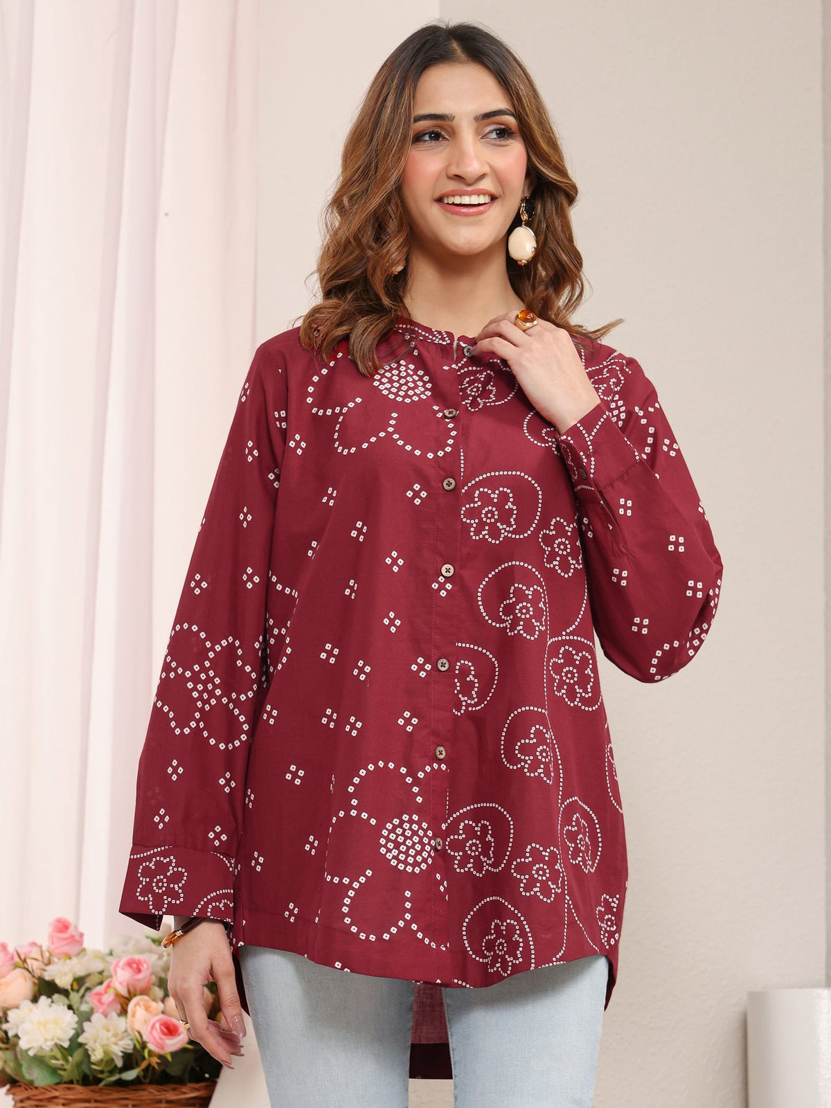 Libas Red Floral Printed Cotton Shirt K60