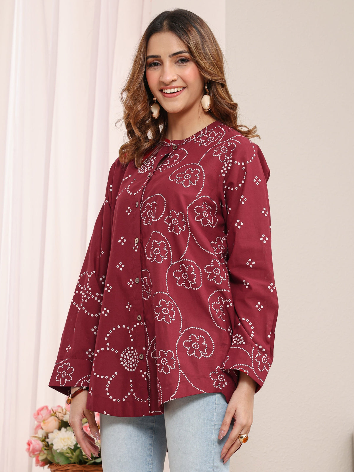Libas Red Floral Printed Cotton Shirt