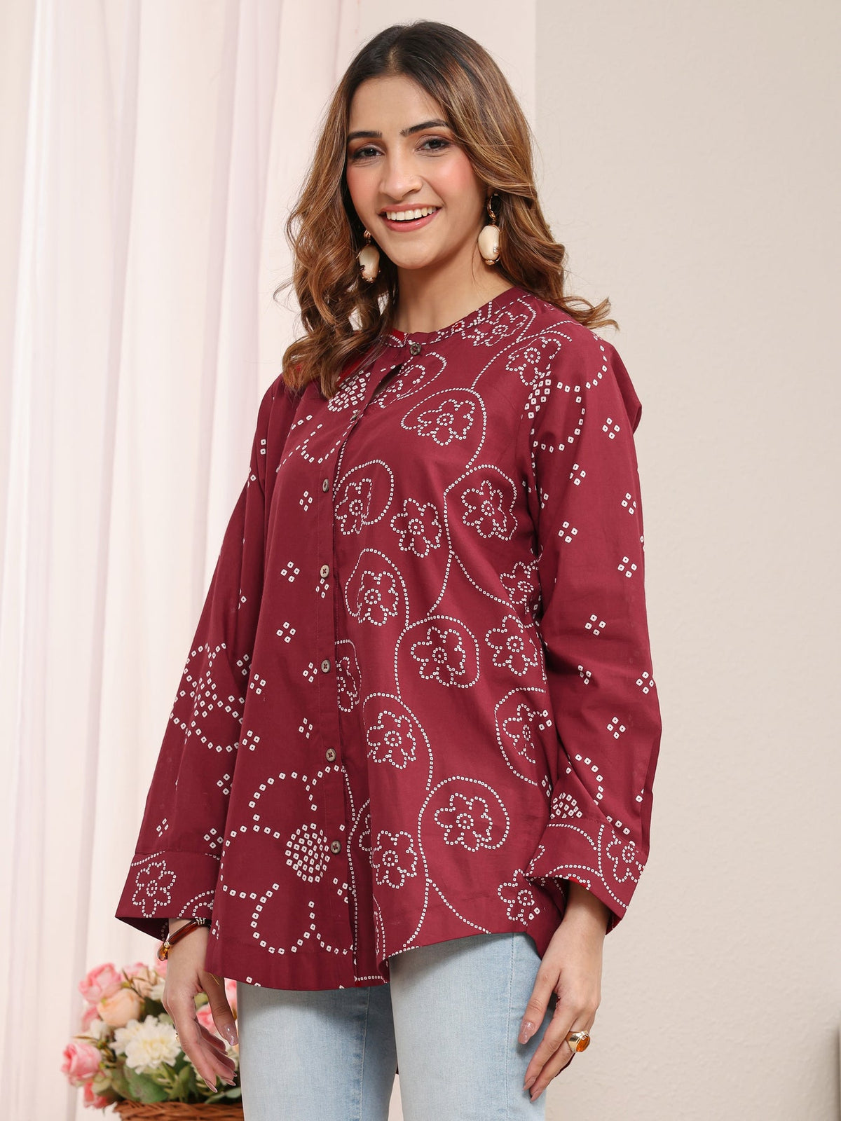 Libas Red Floral Printed Cotton Shirt K60