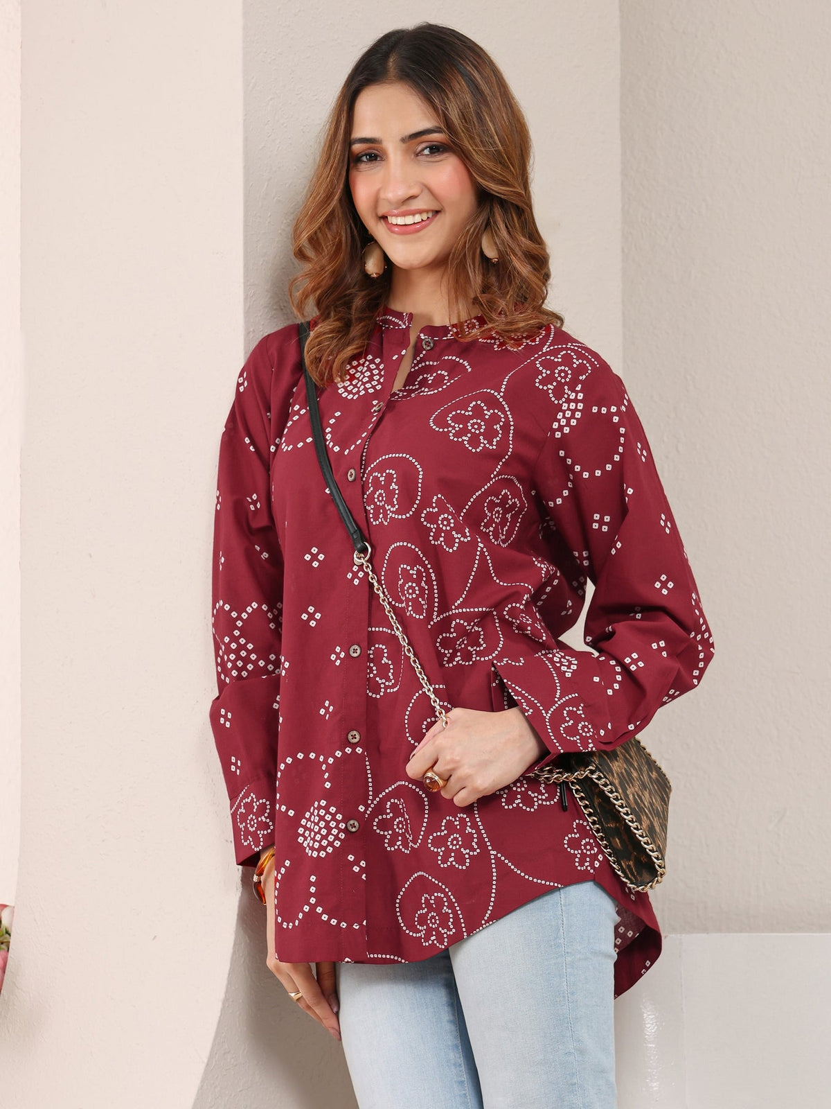 Libas Red Floral Printed Cotton Shirt K60