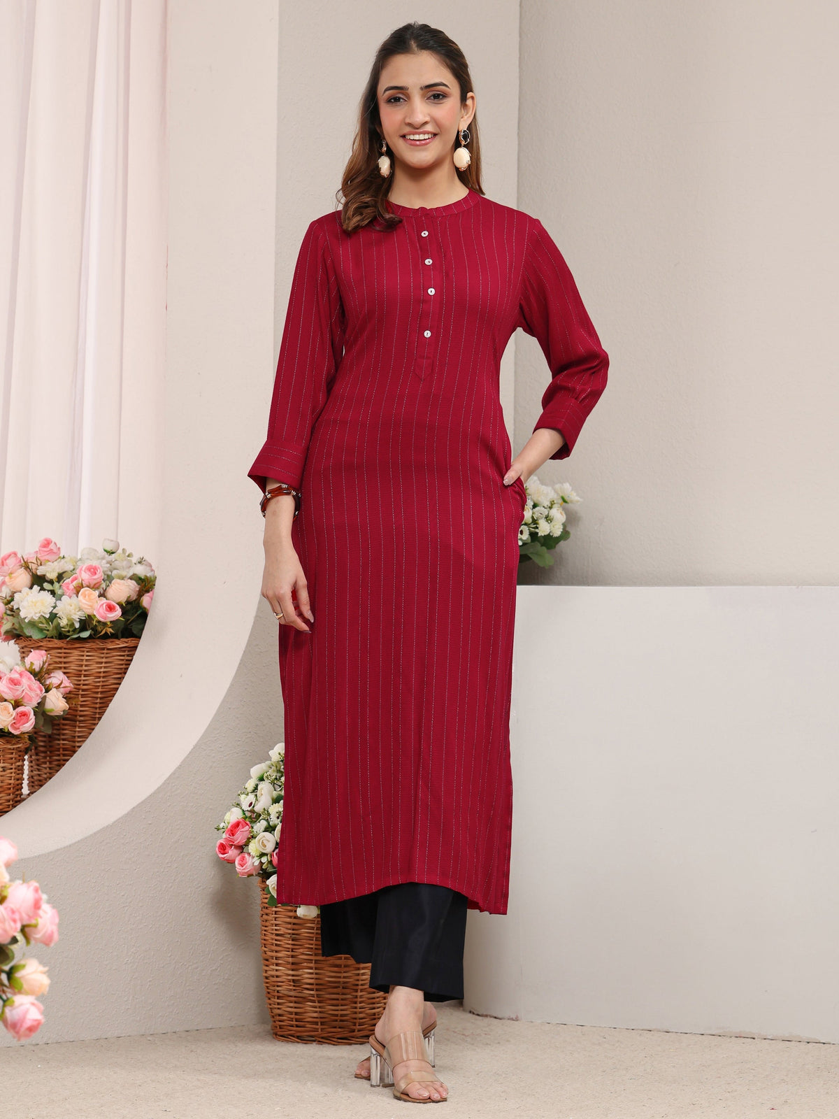 Libas Red Striped Woven Design Rayon Straight Kurta
