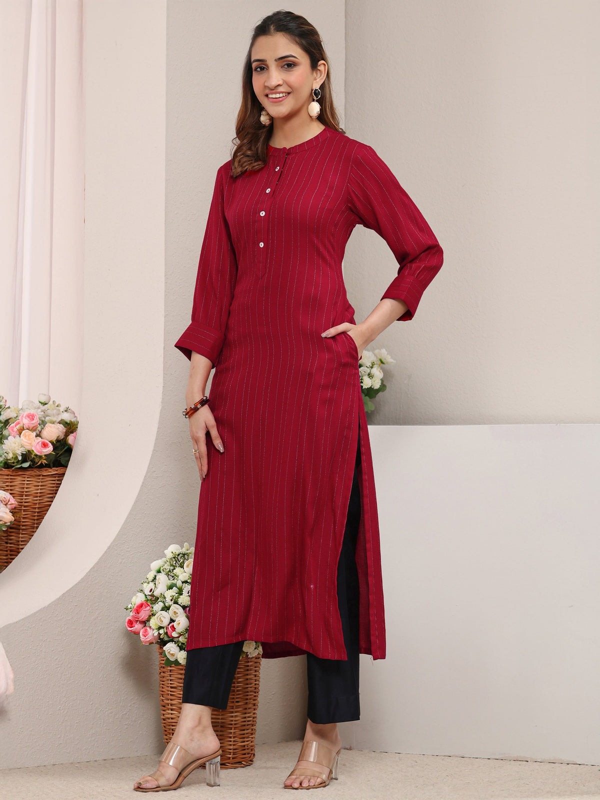 Libas Red Striped Woven Design Rayon Straight Kurta