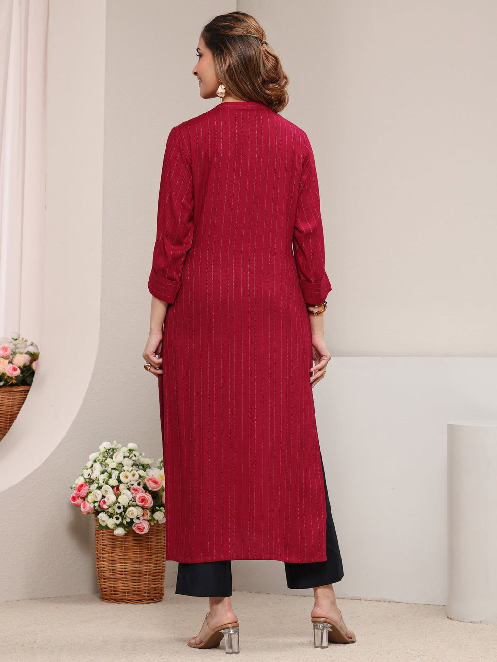 Libas Red Striped Woven Design Rayon Straight Kurta