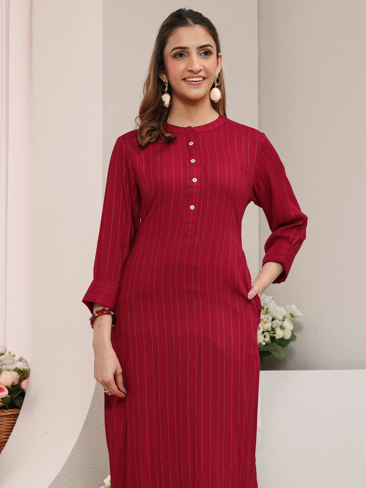 Libas Red Striped Woven Design Rayon Straight Kurta