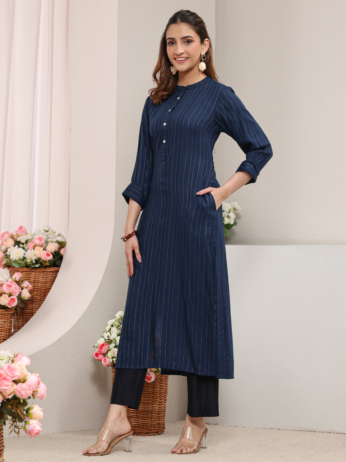 Libas Blue Striped Woven Design Rayon Straight Kurta