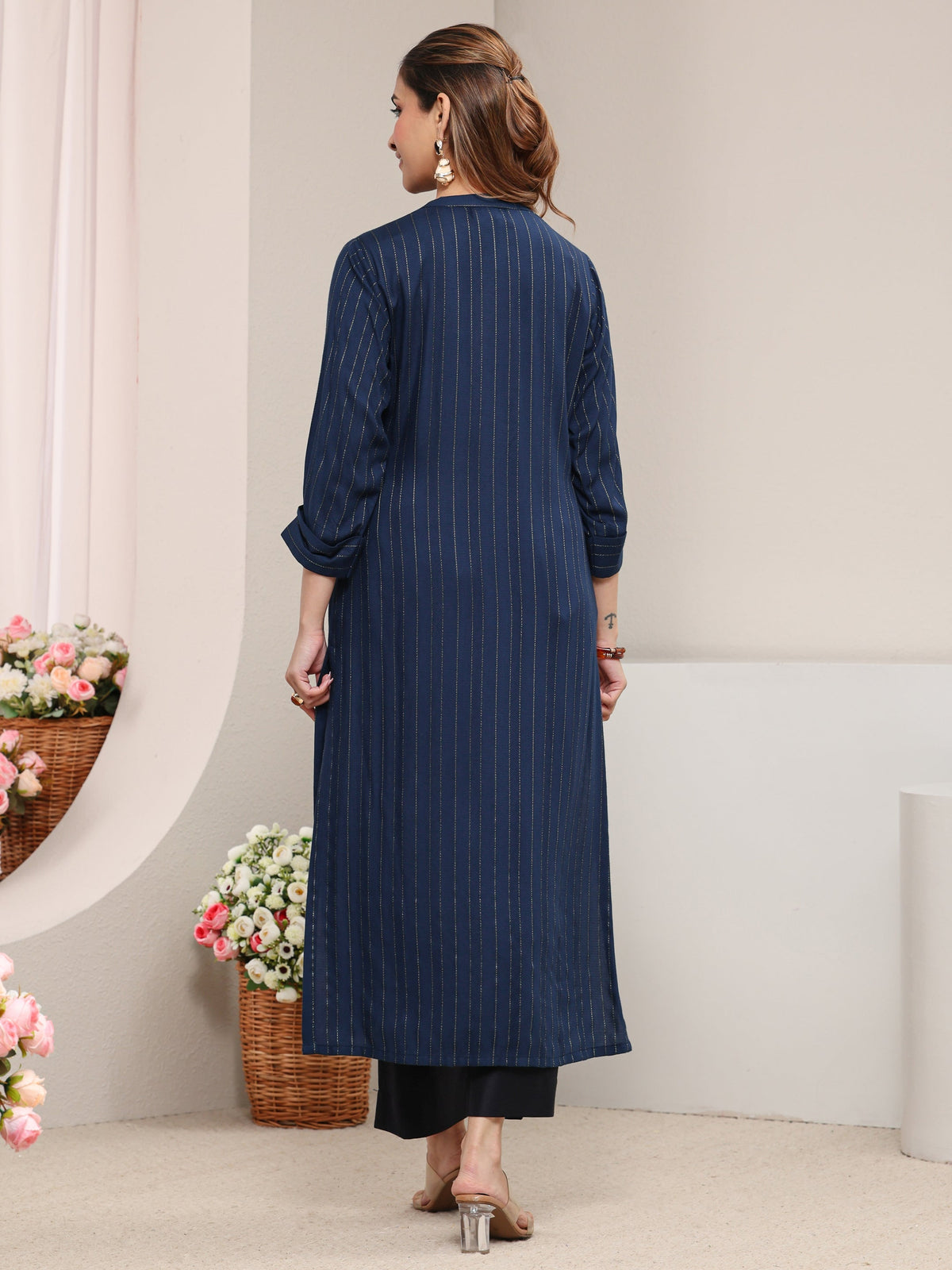 Libas Blue Striped Woven Design Rayon Straight Kurta