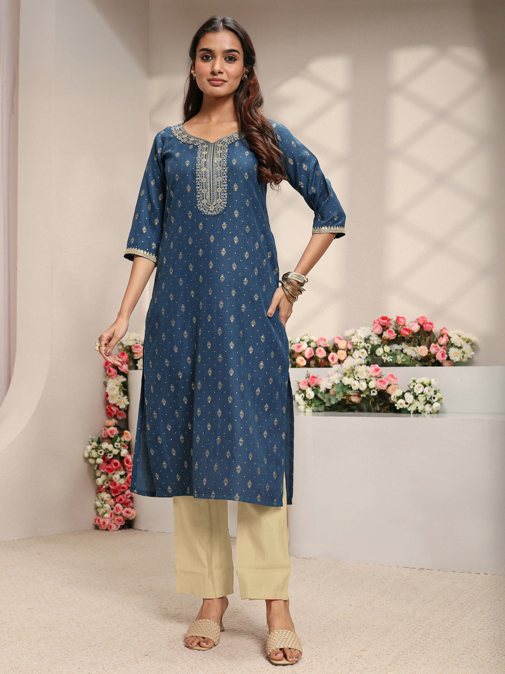Libas Blue Ethnic Motifs Printed Cotton Blend Straight Kurta
